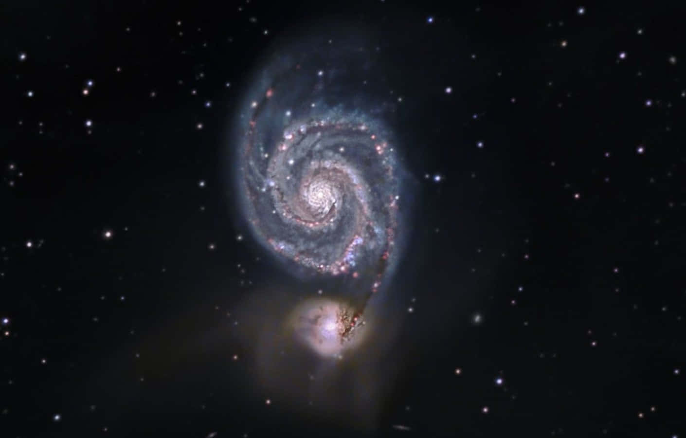 Whirlpool Galaxy, blue and pink gas, swirling arms, HD Desktop Wallpaper
