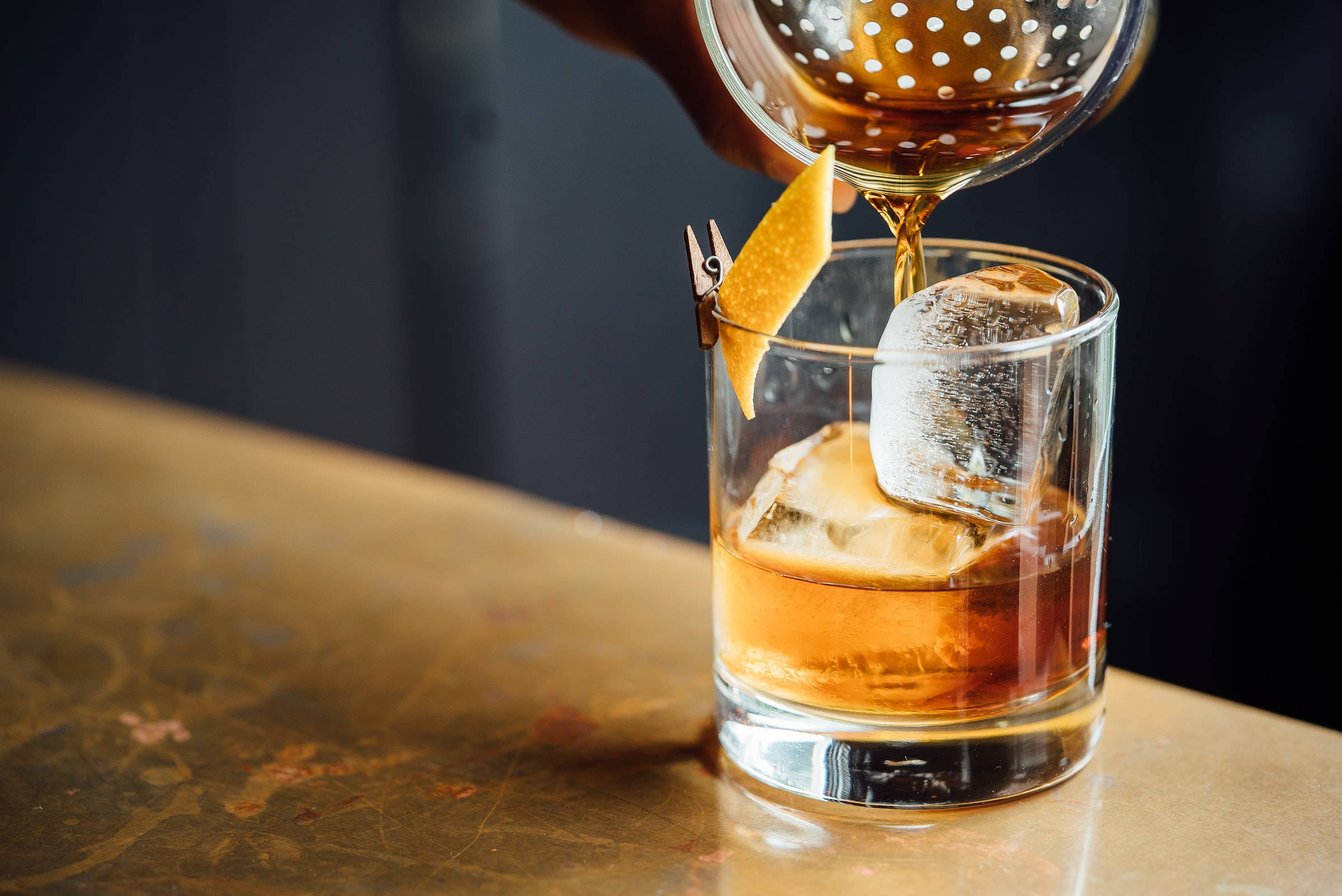 amber cocktail, rocks glass, large ice cubes, Full HD Desktop Wallpaper