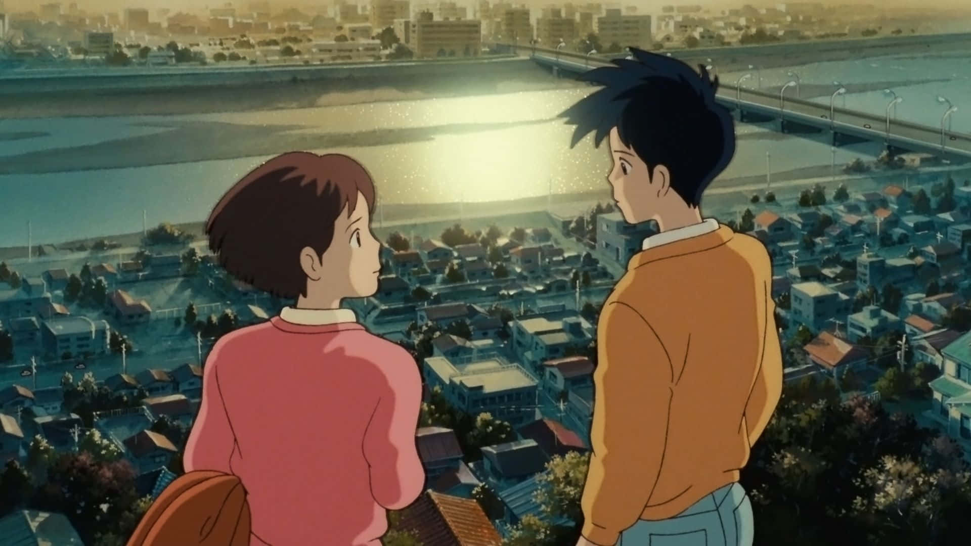 Whisper of the Heart, rooftop, sunlit cityscape, Full HD Desktop Wallpaper