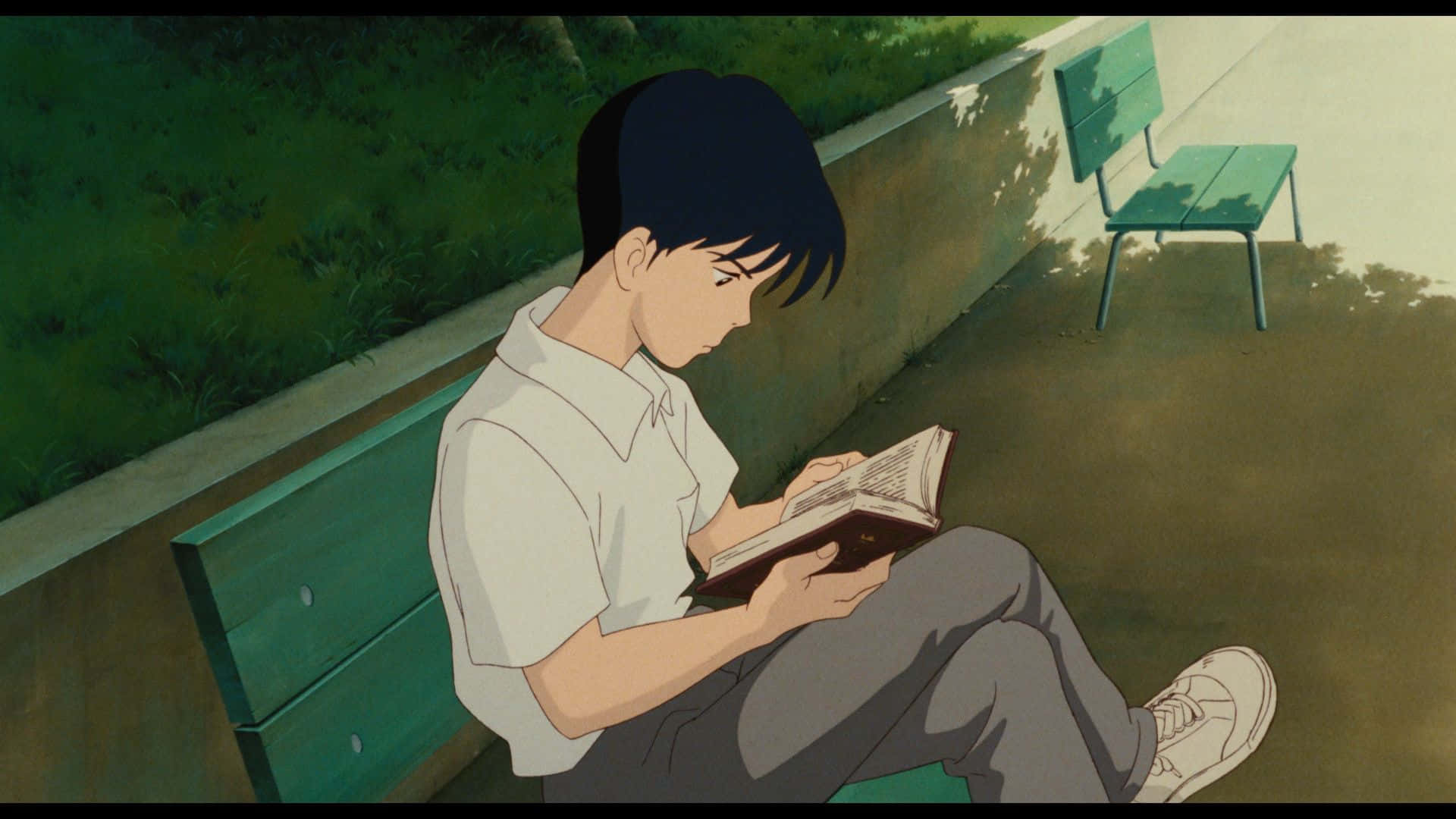 Whisper of The Heart, green bench, young anime boy, Full HD Desktop Wallpaper