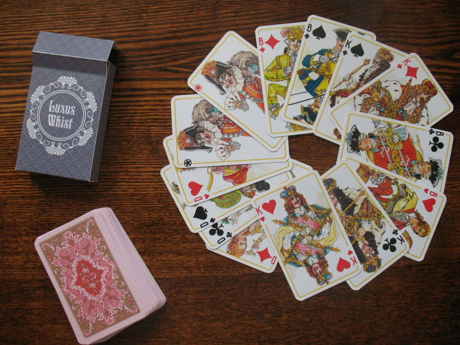 Whist, vintage playing cards, dark wood table, HD Desktop Wallpaper