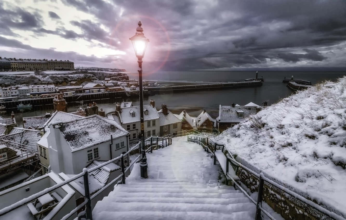 Whitby, winter snowfall, harbor view, HD Desktop Wallpaper