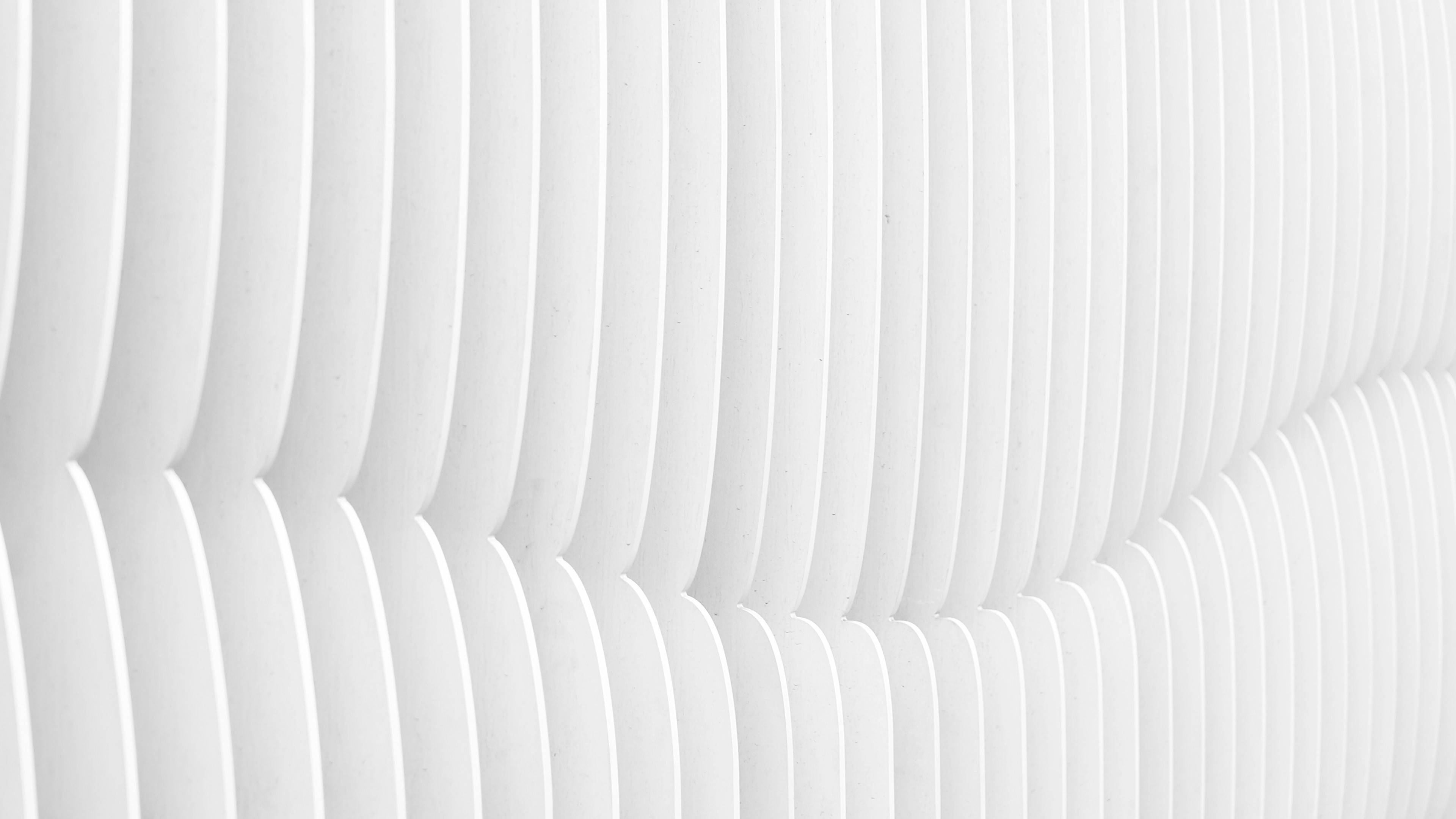 white abstract 3d architecture, minimalist white wall, soft curved vertical grooves, 4K Desktop Wallpaper