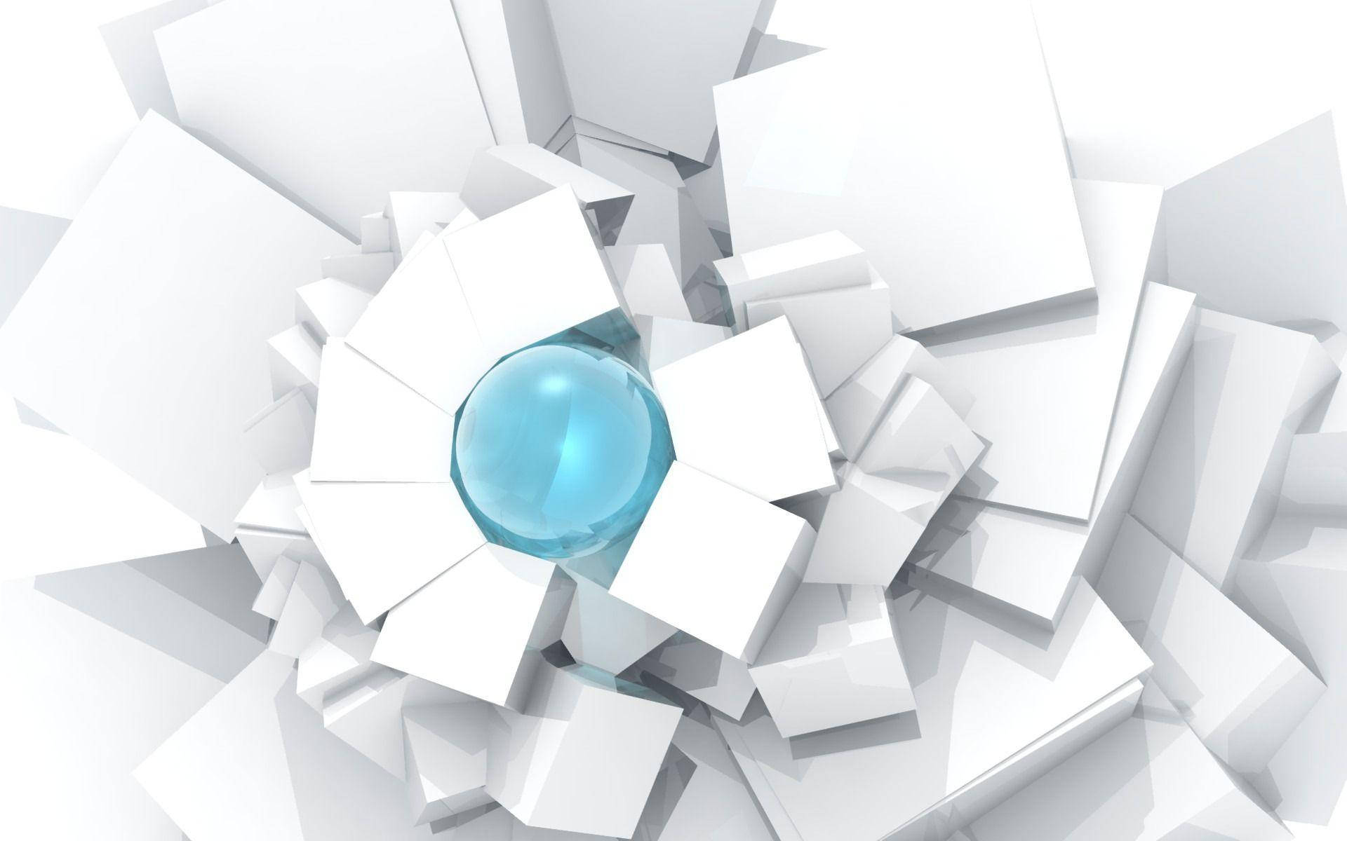 blue orb, cool white, shattered white geometric blocks, Full HD Desktop Wallpaper