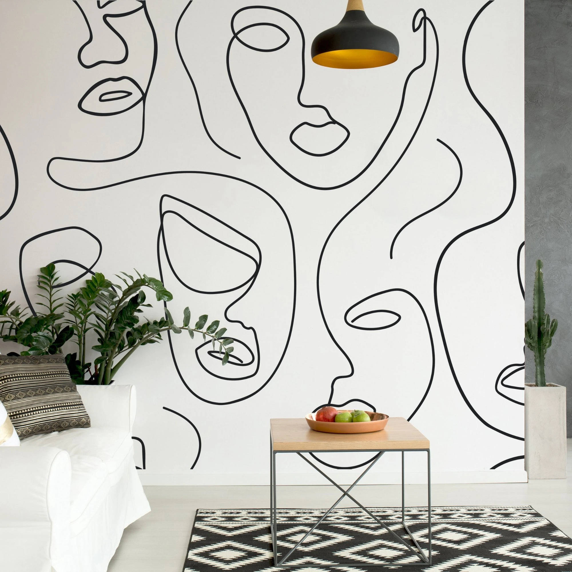 White Abstract, minimalist living room, bold black line art, Full HD Desktop Wallpaper