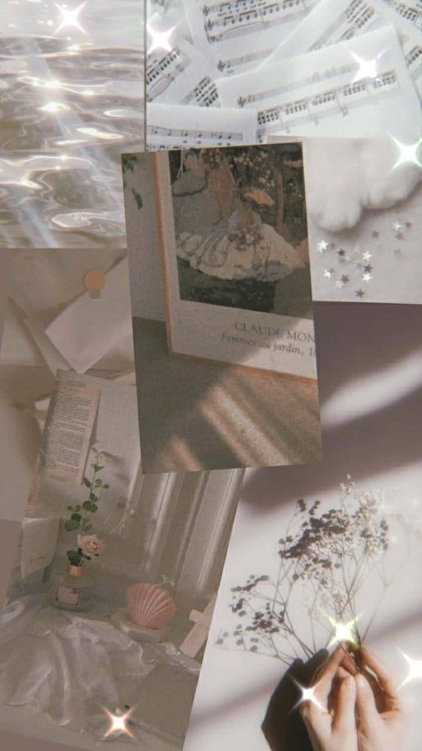Soft White Aesthetic Collage, sparkling star effects, vintage art music sheets, HD Phone Wallpaper