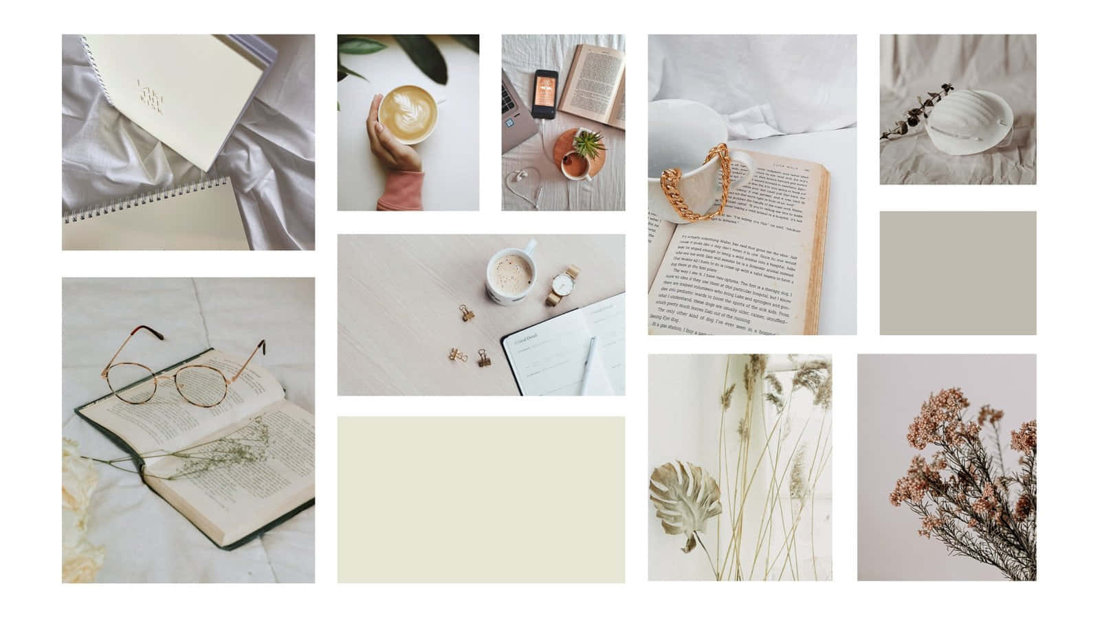 Soft White Aesthetic Collage, minimalist study moments, books, HD Desktop Wallpaper