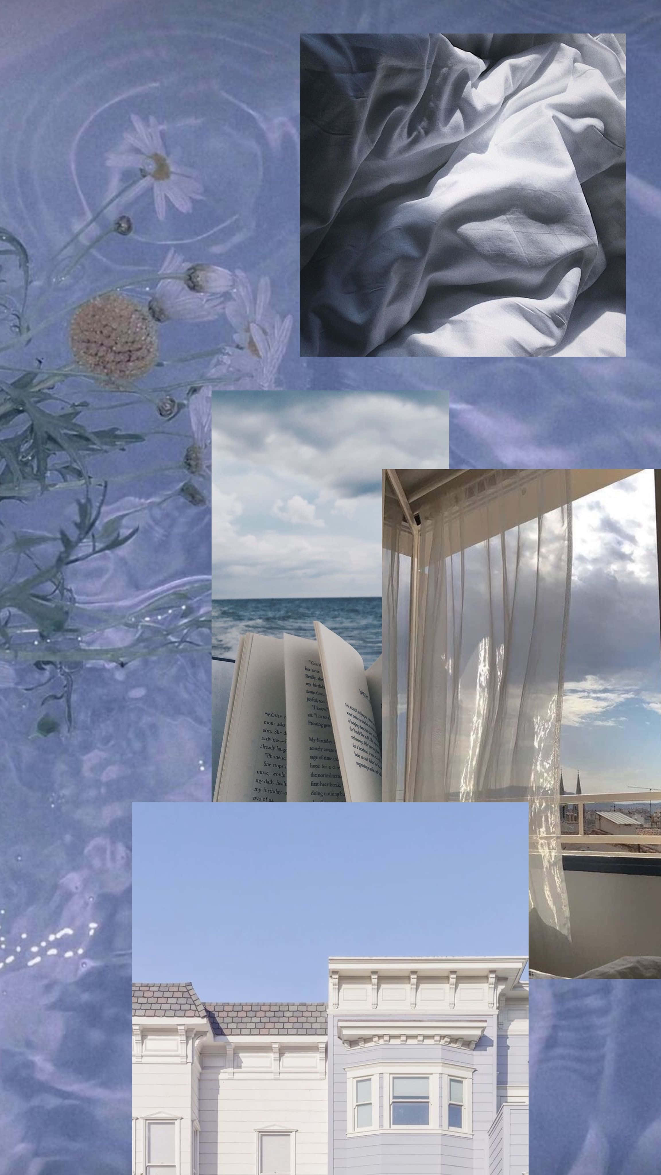 blue white aesthetic collage, soft blue water ripples, flowers, 4K Phone Wallpaper