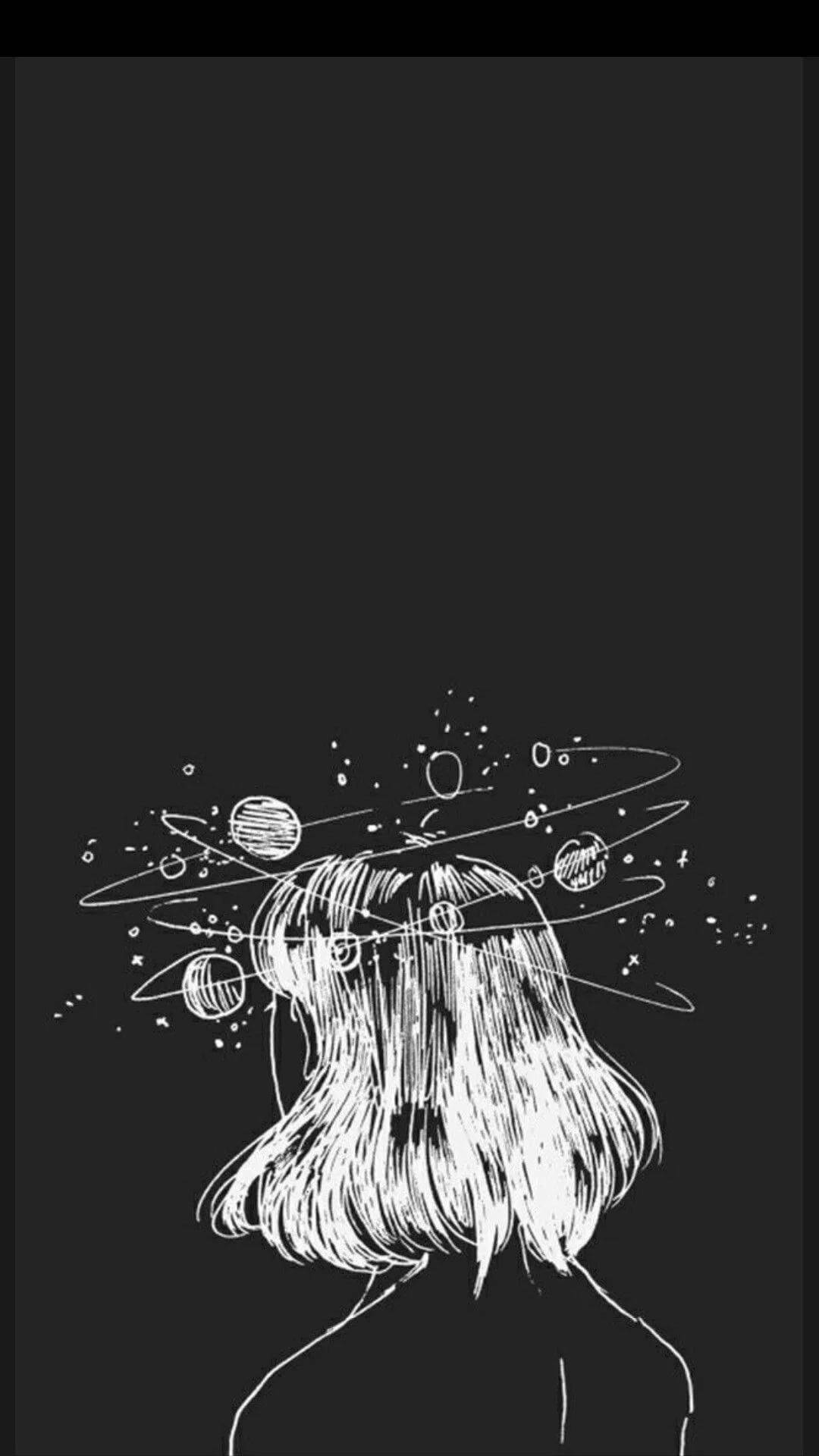 Tumblr Aesthetic Girl Line Art, white line-art sketch, cosmic planets, Full HD Phone Wallpaper