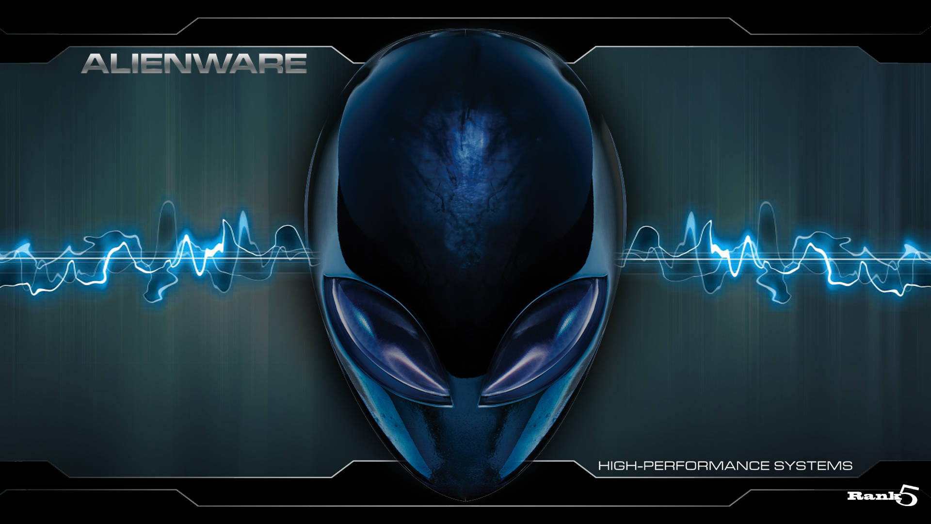 White Alienware, glossy blue alien head logo, dark tech-themed background, Full HD Desktop Wallpaper