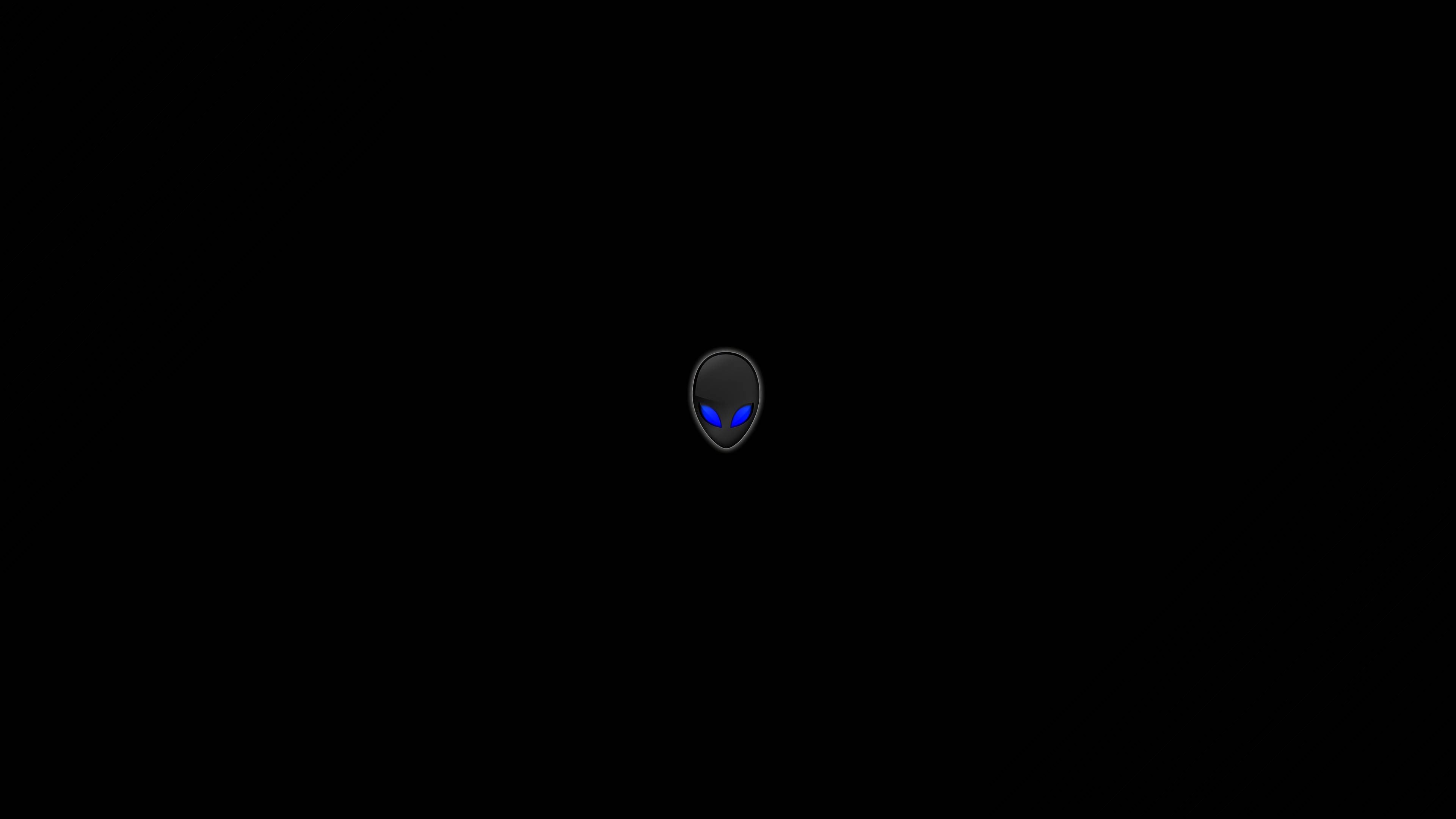 Alienware, glowing blue-eyed alien head icon, pure black background, 4K Desktop Wallpaper