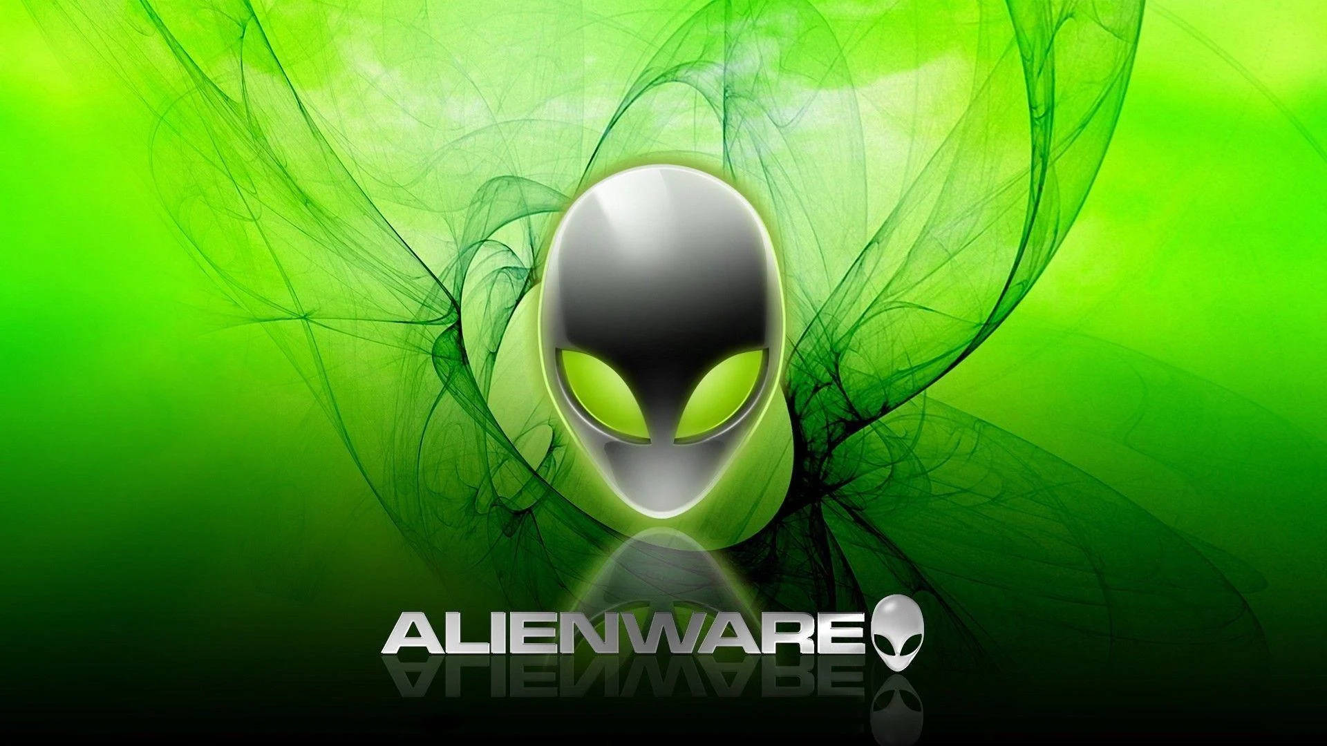 White Alienware, glowing green eyes, swirling green fractal smoke, Full HD Desktop Wallpaper