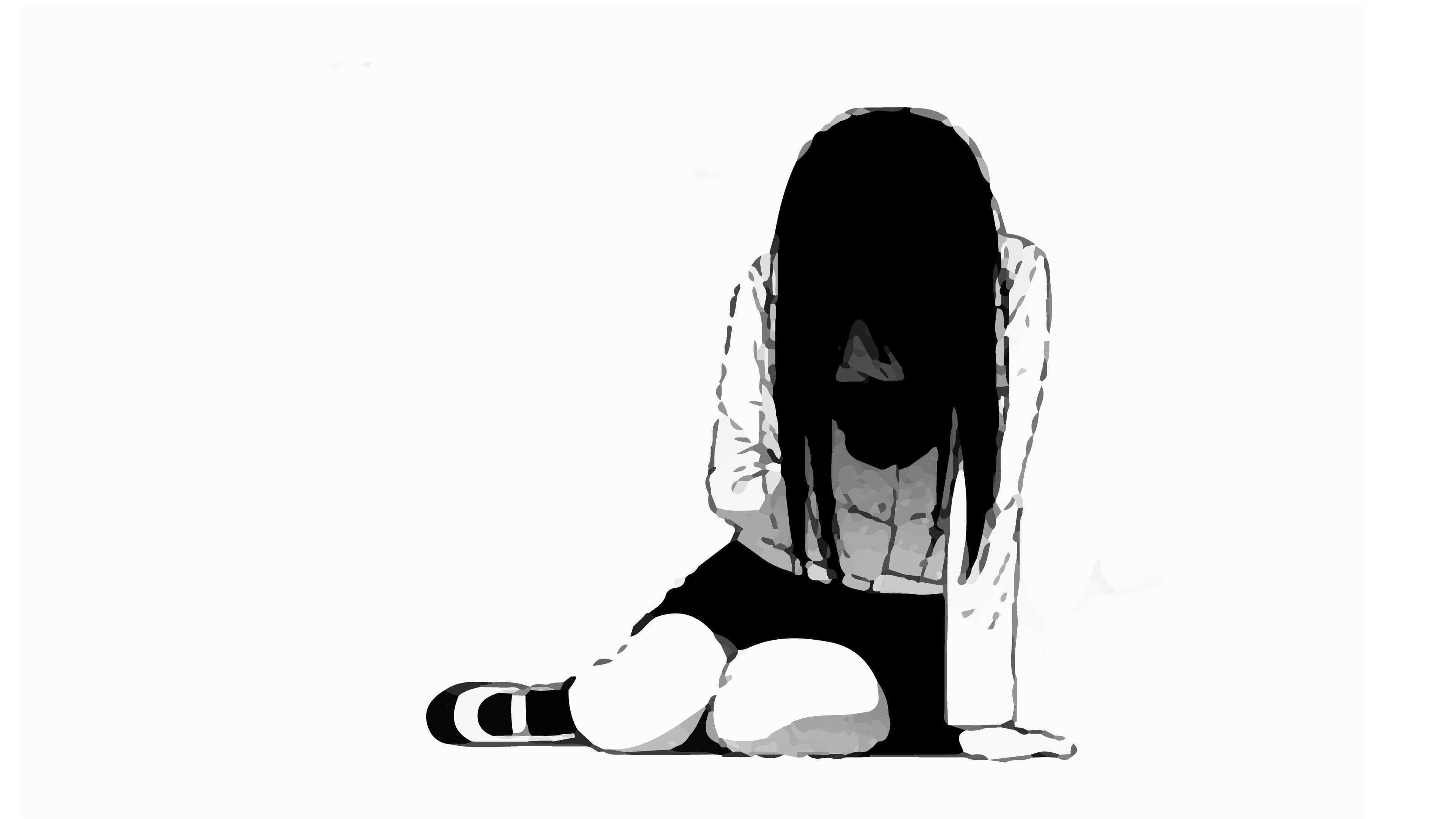 Anime White Vibes, black and white anime-style girl, long hair, 4K Desktop Wallpaper