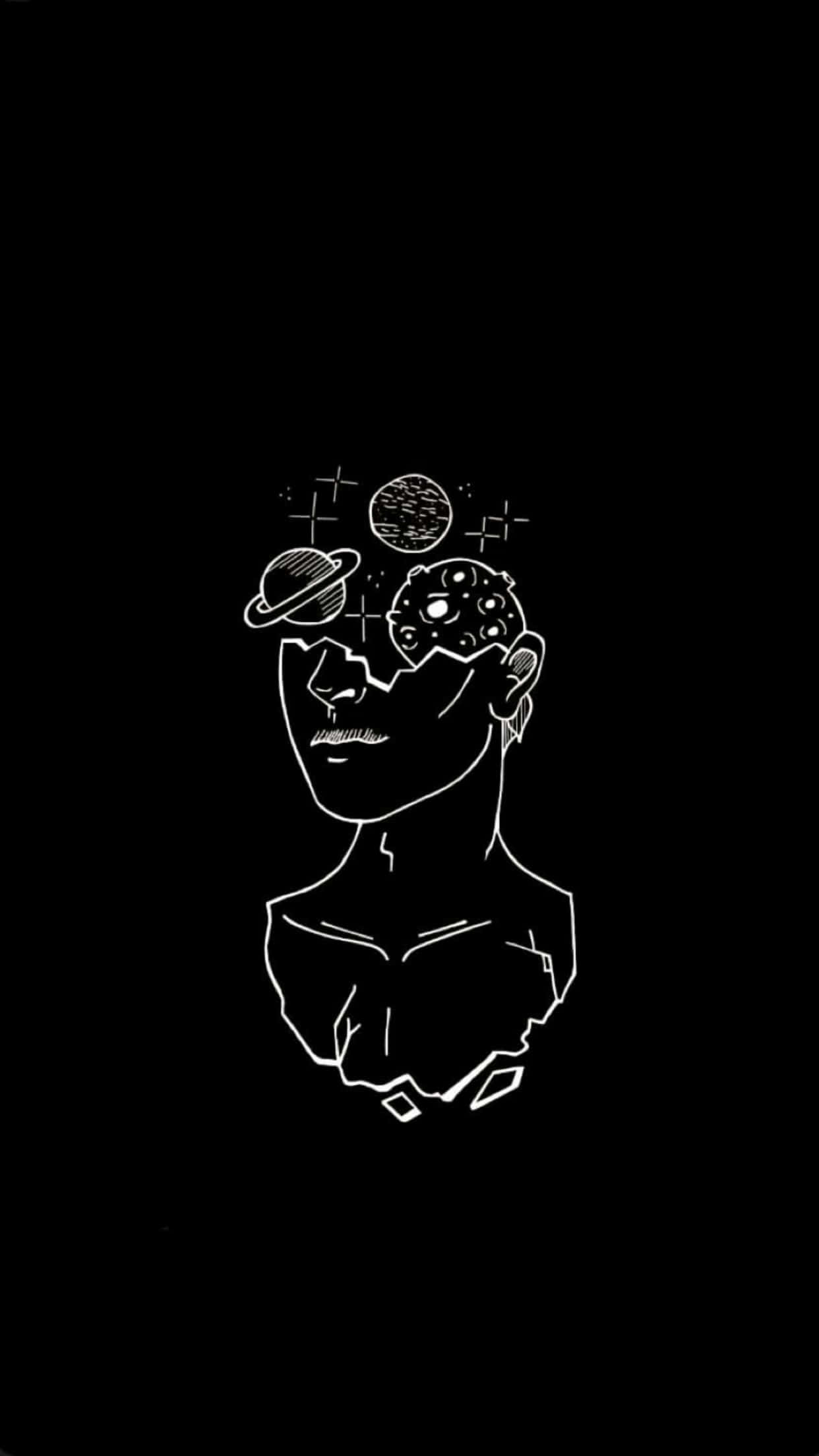 white line drawing, human bust, planets and stars, Full HD Phone Wallpaper