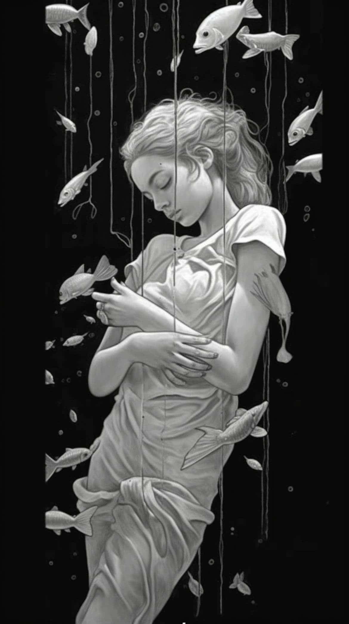 monochrome illustration, serene woman with closed eyes, suspended underwater, Full HD Phone Wallpaper