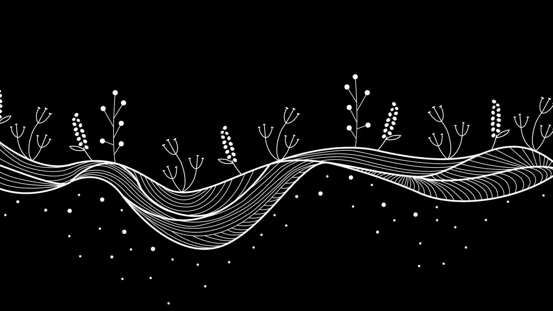 Black White Floral Waves Art, flowing wavy line, delicate plant sprigs, HD Desktop Wallpaper
