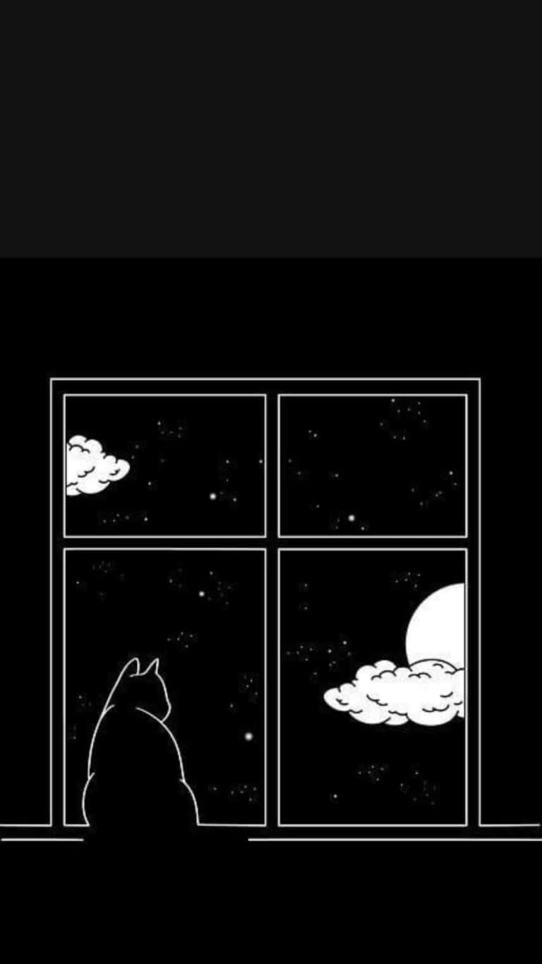 cat silhouette, four-pane window, starry night sky, HD Phone Wallpaper