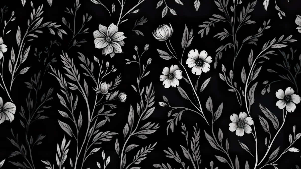 black floral pattern, elegant black and white floral pattern, delicate blossoms, SD Desktop Wallpaper