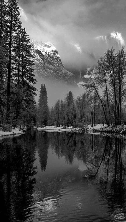 Monochrome Mountain Reflection, black and white, winter scene, SD Phone Wallpaper