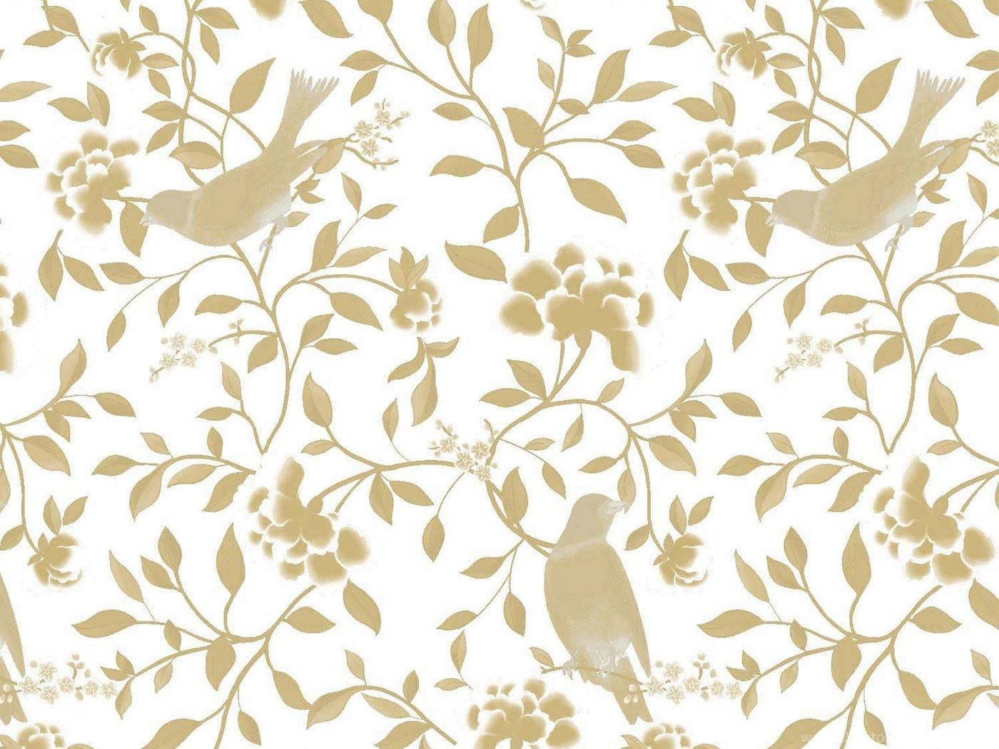 White And Gold Bird Bush, gold birds, blossoming vines, HD Desktop Wallpaper