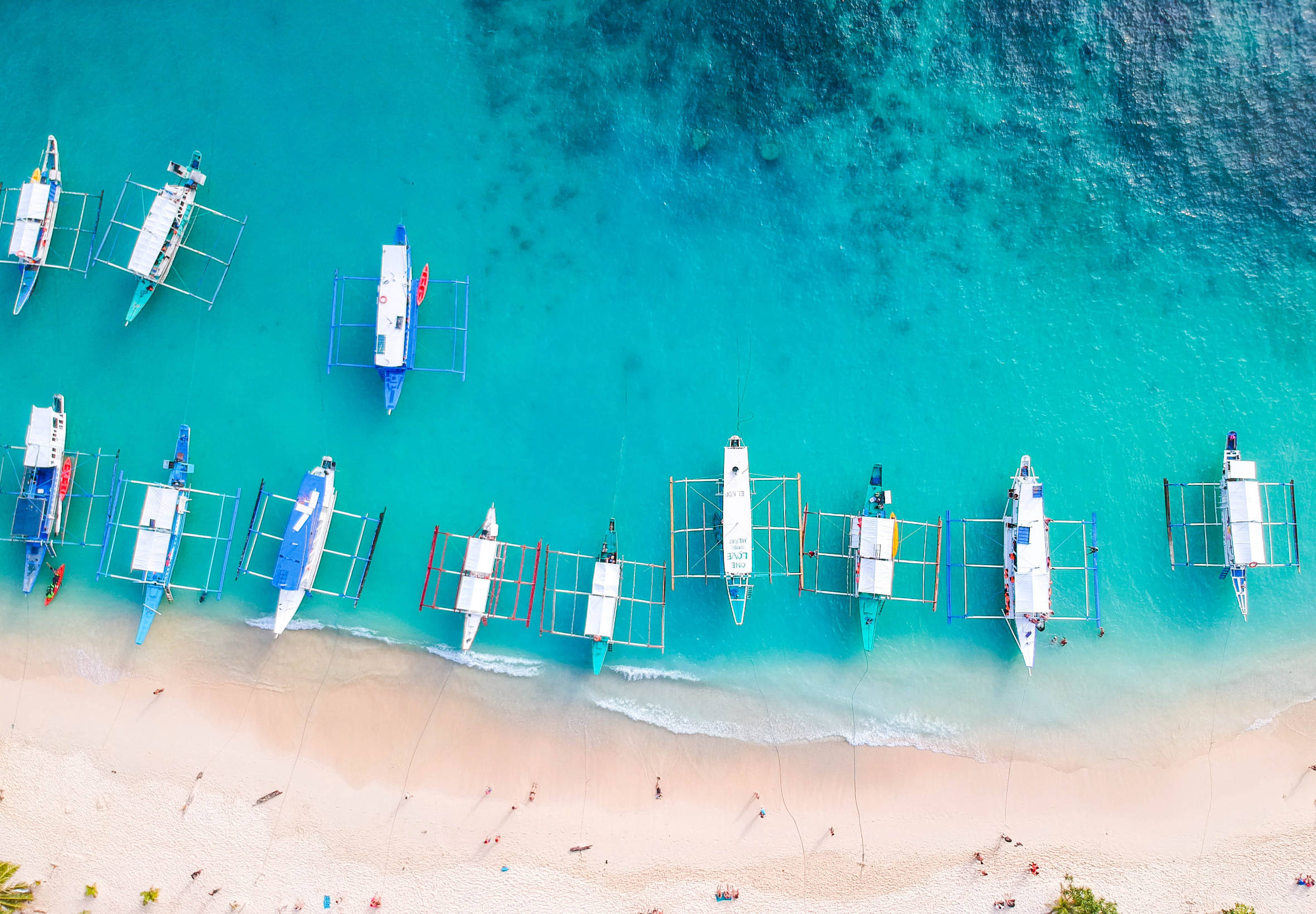 outrigger boats, turquoise waters, sandy beach, Full HD Desktop Wallpaper