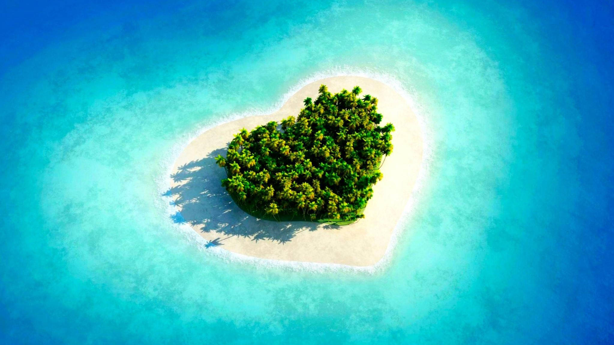 heart-shaped tropical island, lush green palms, white sand, Full HD Desktop Wallpaper