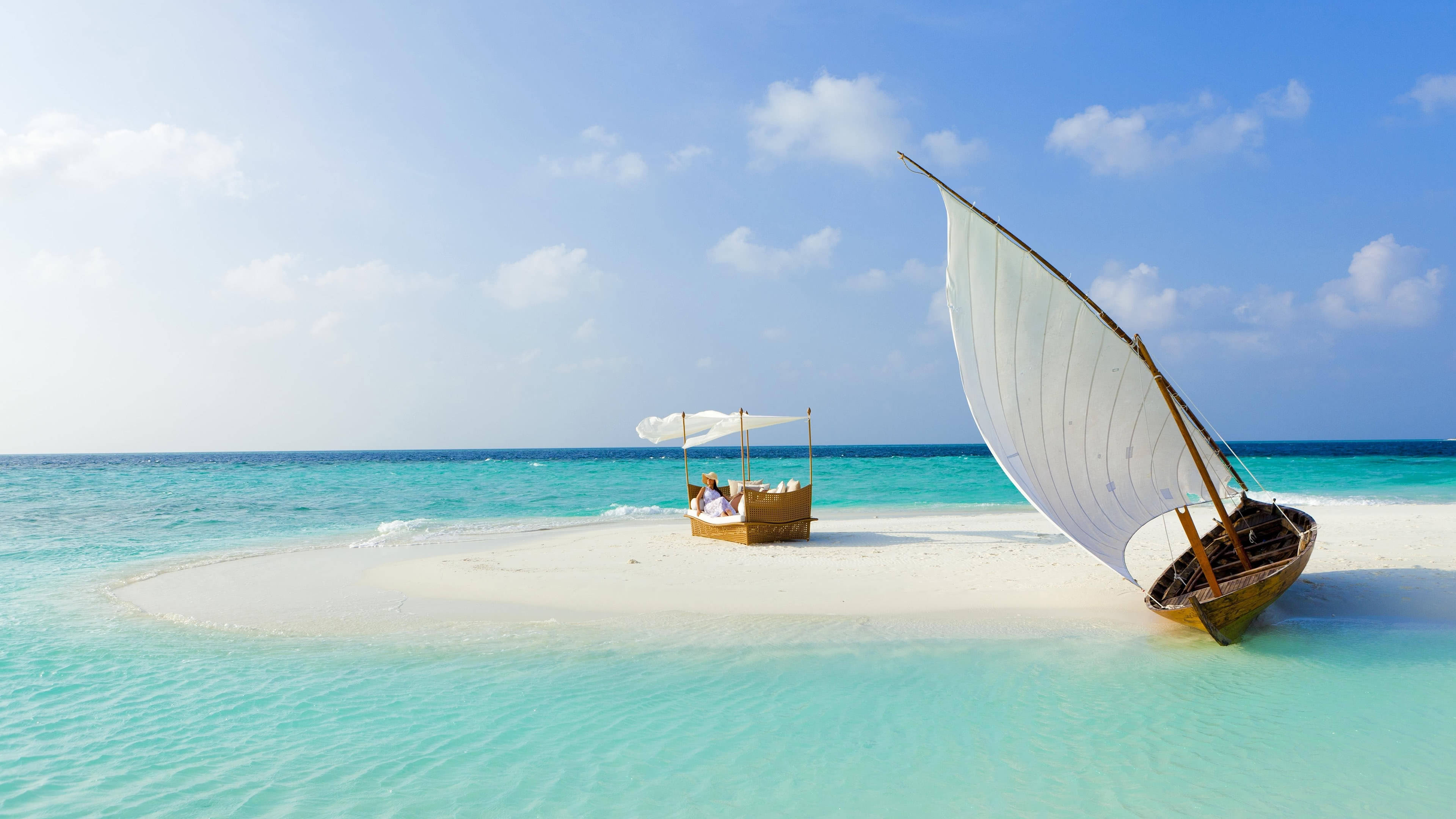 sail boat, tropical island, turquoise waters, 4K Desktop Wallpaper