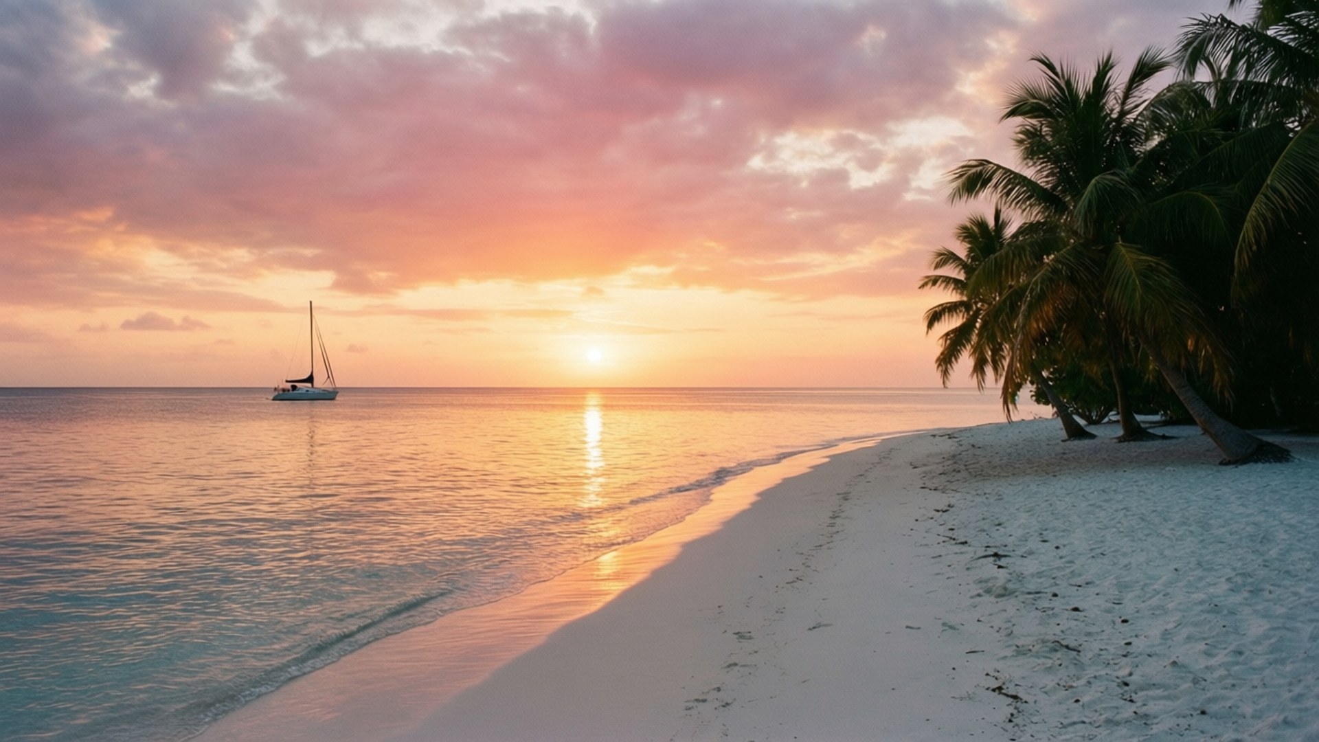 Golden Sunset Sail, sailboat, turquoise waters, Full HD Desktop Wallpaper