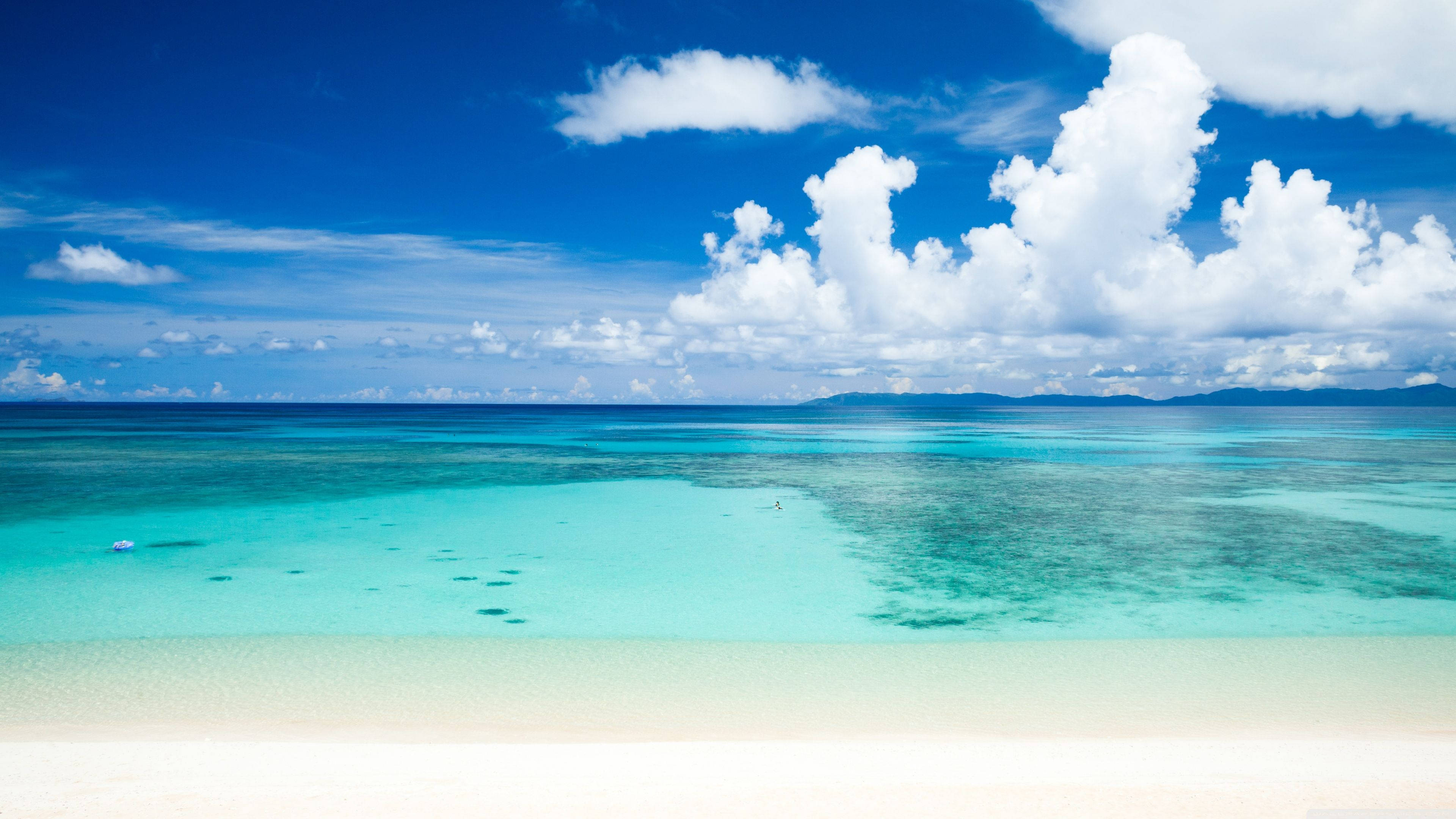 turquoise waters, white sand, bright blue sky, 4K Desktop Wallpaper
