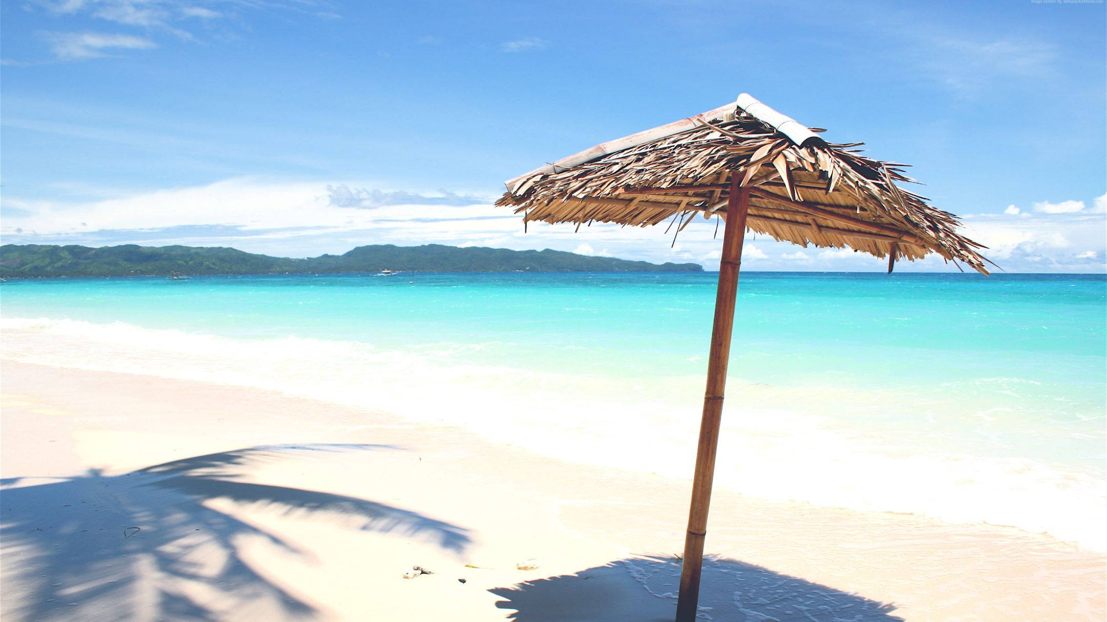 White Beach, native parasol, thatched umbrella, Full HD Desktop Wallpaper