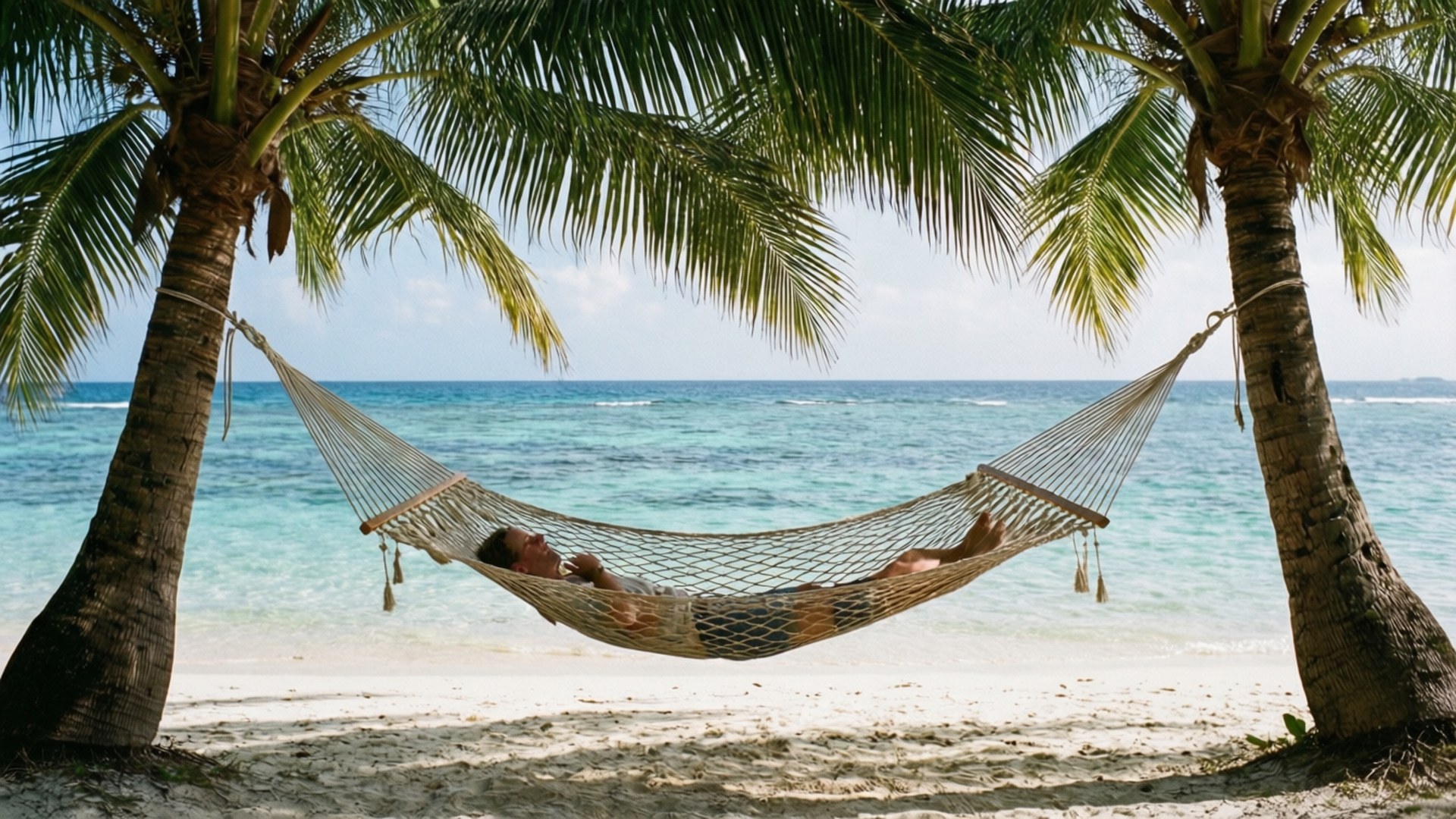 hammock, white beach, palm trees, Full HD Desktop Wallpaper