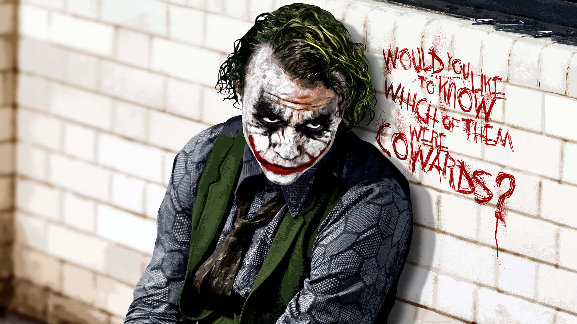 Cool Joker, white brick wall, red graffiti, Full HD Desktop Wallpaper