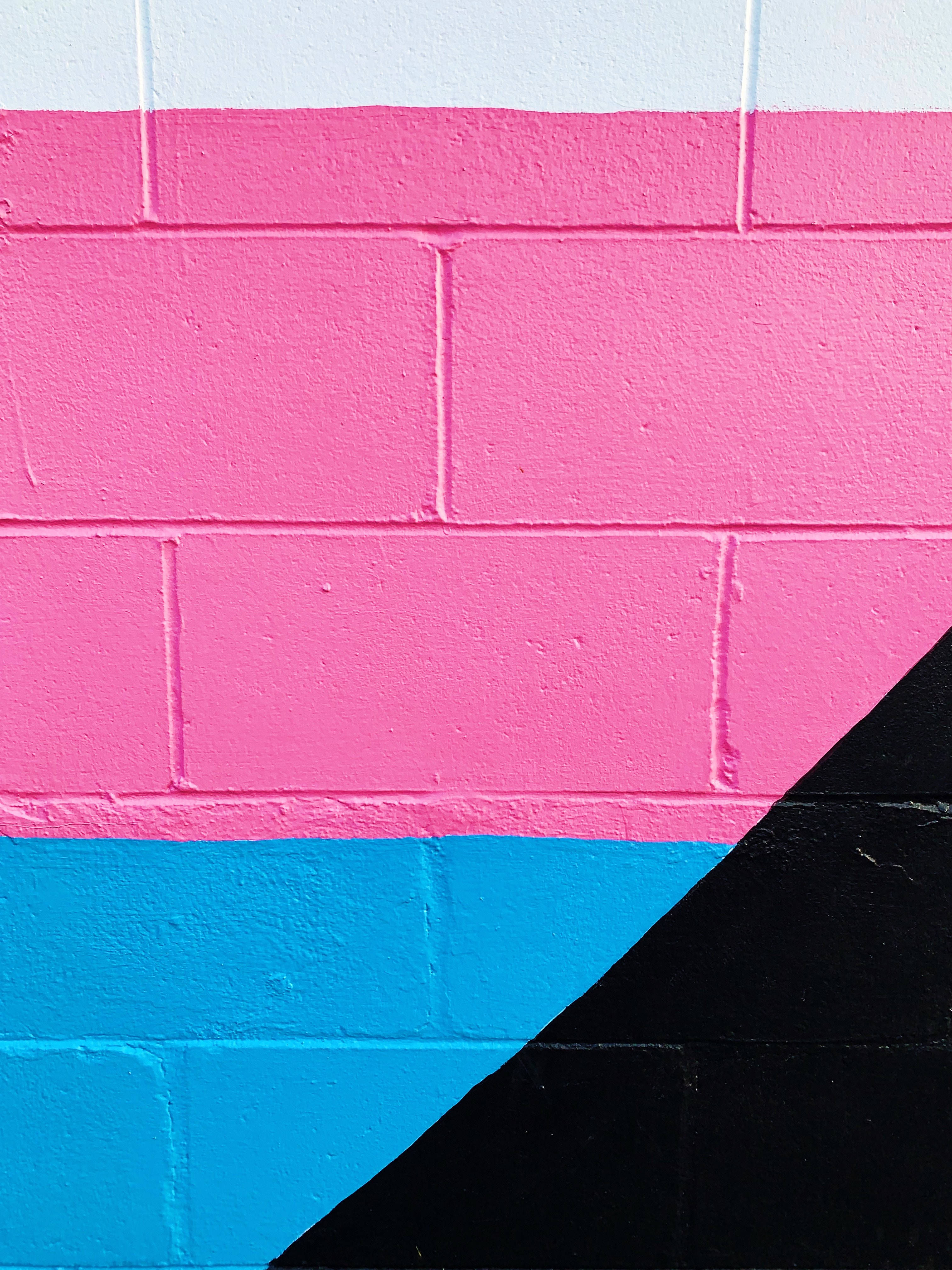 white brick, colorful wall mural, pink blue and black stripes, 4K Phone Wallpaper