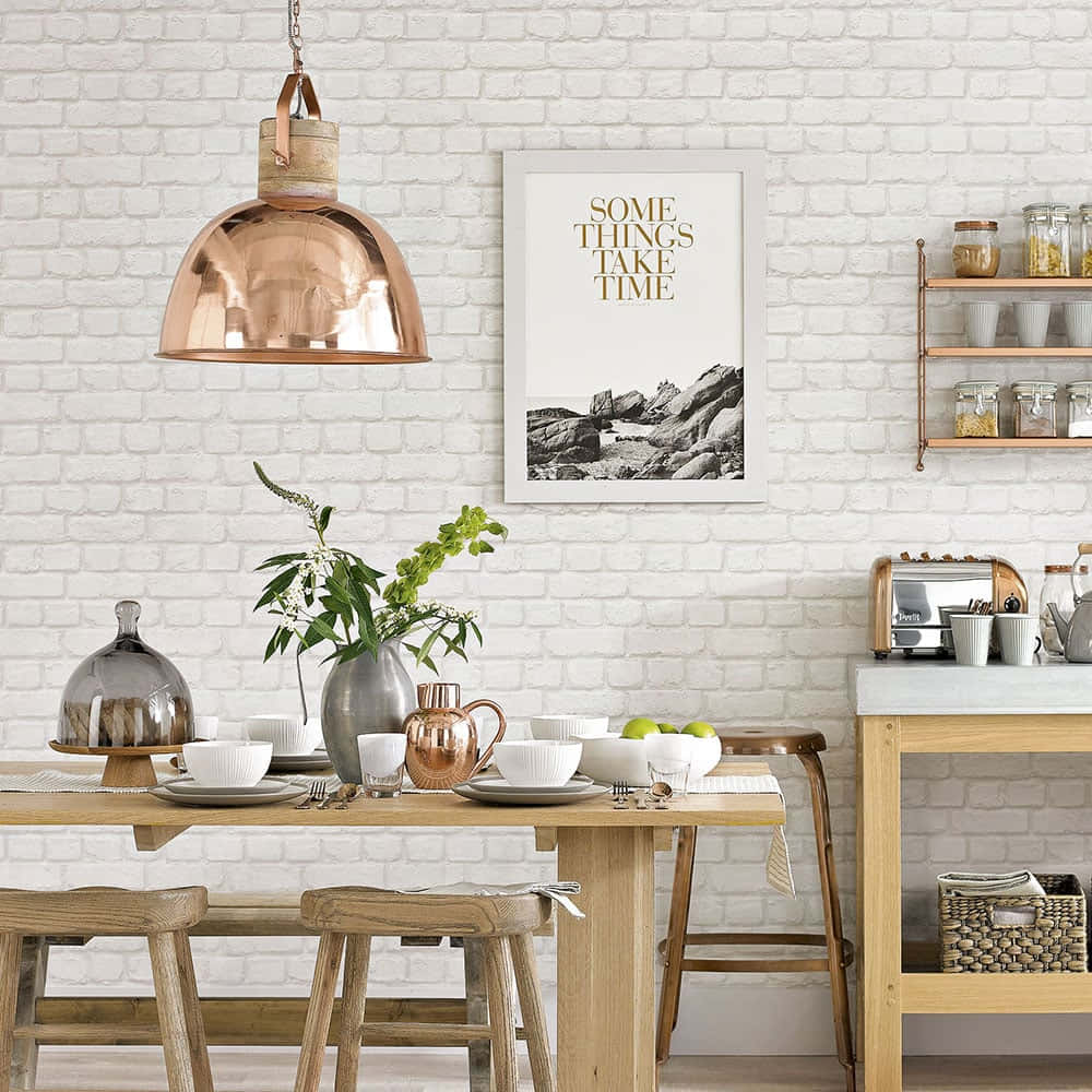 white brick wall, kitchen, wooden table, SD Desktop Wallpaper