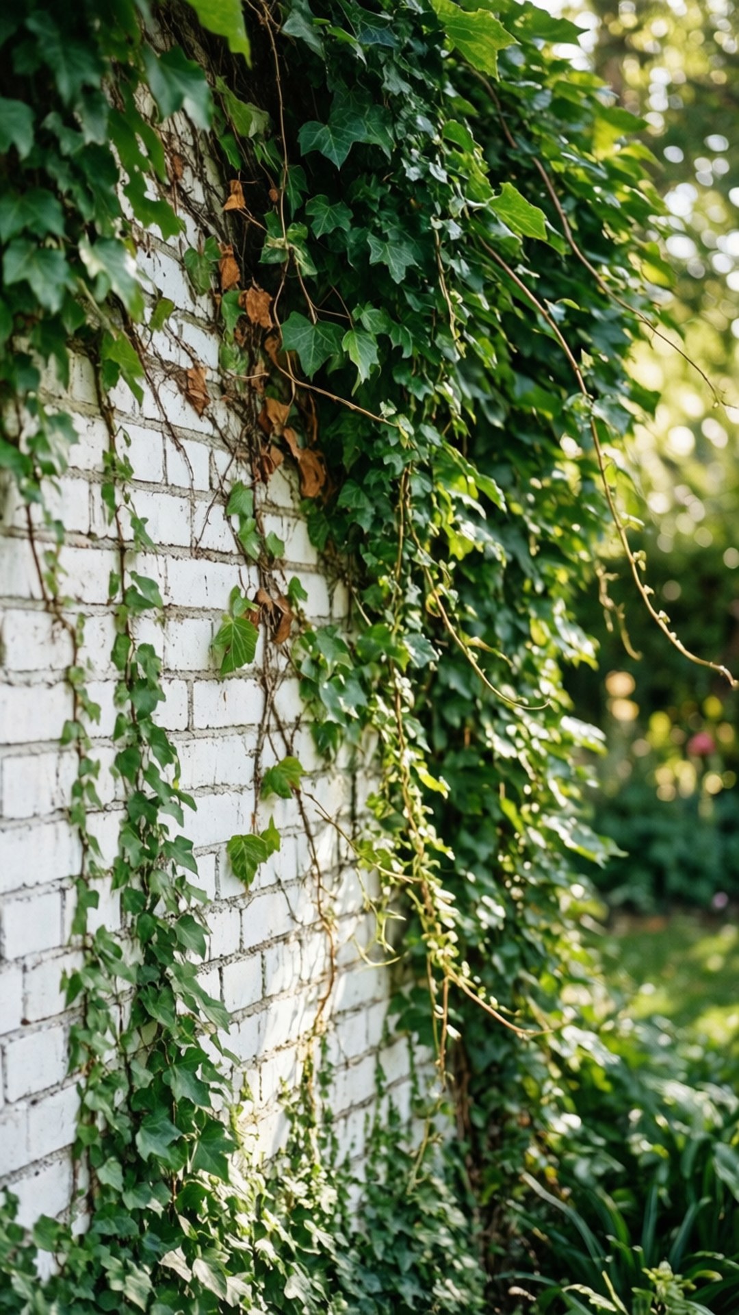 ivy vines, white brick wall, sunlit, Full HD Phone Wallpaper