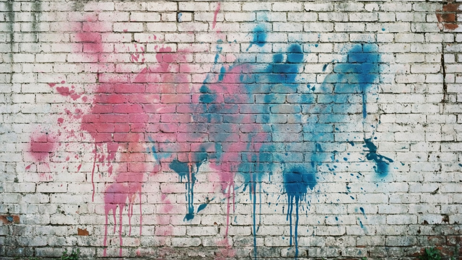 faded graffiti, white brick wall, pink paint splatters, Full HD Desktop Wallpaper