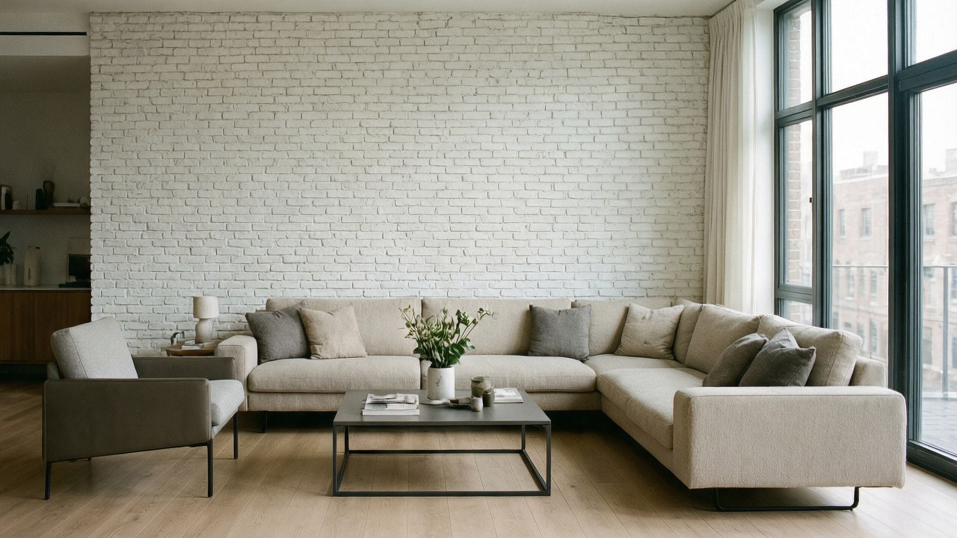 white brick wall, beige sectional sofa, floor-to-ceiling windows, Full HD Desktop Wallpaper