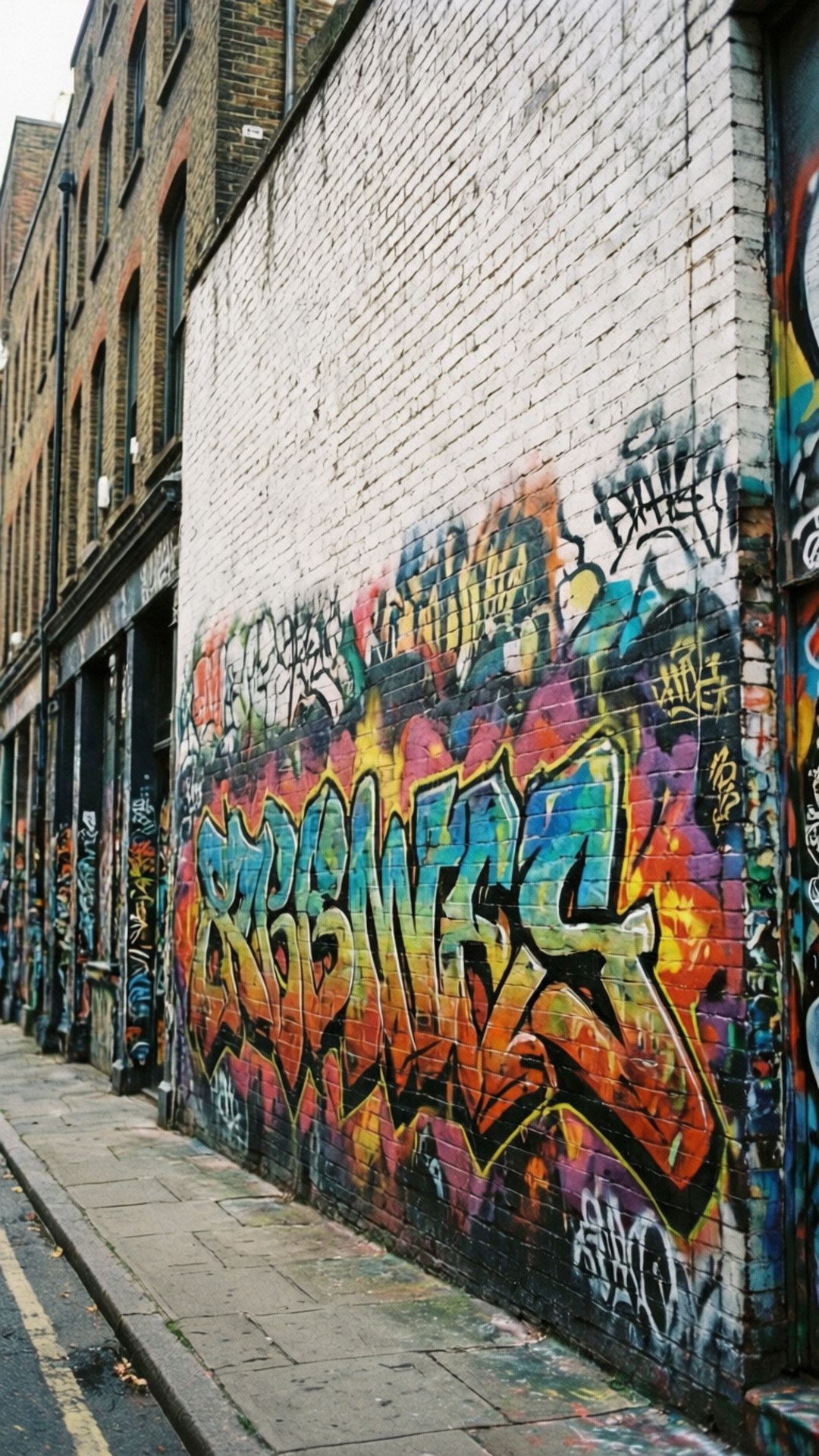 graffiti, white brick wall, urban alleyway, Full HD Phone Wallpaper