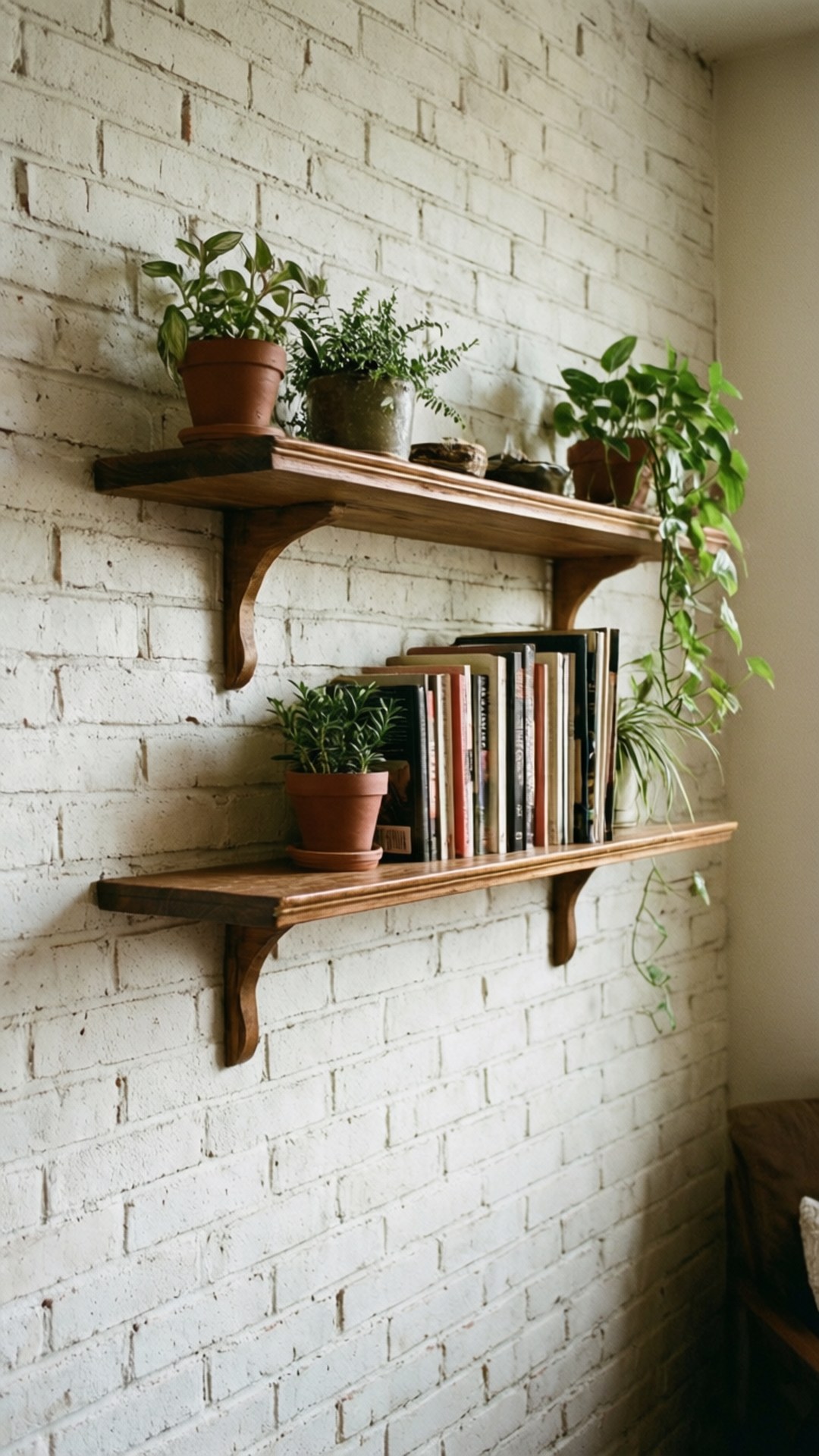 wooden shelves, white brick wall, potted plants, Full HD Phone Wallpaper