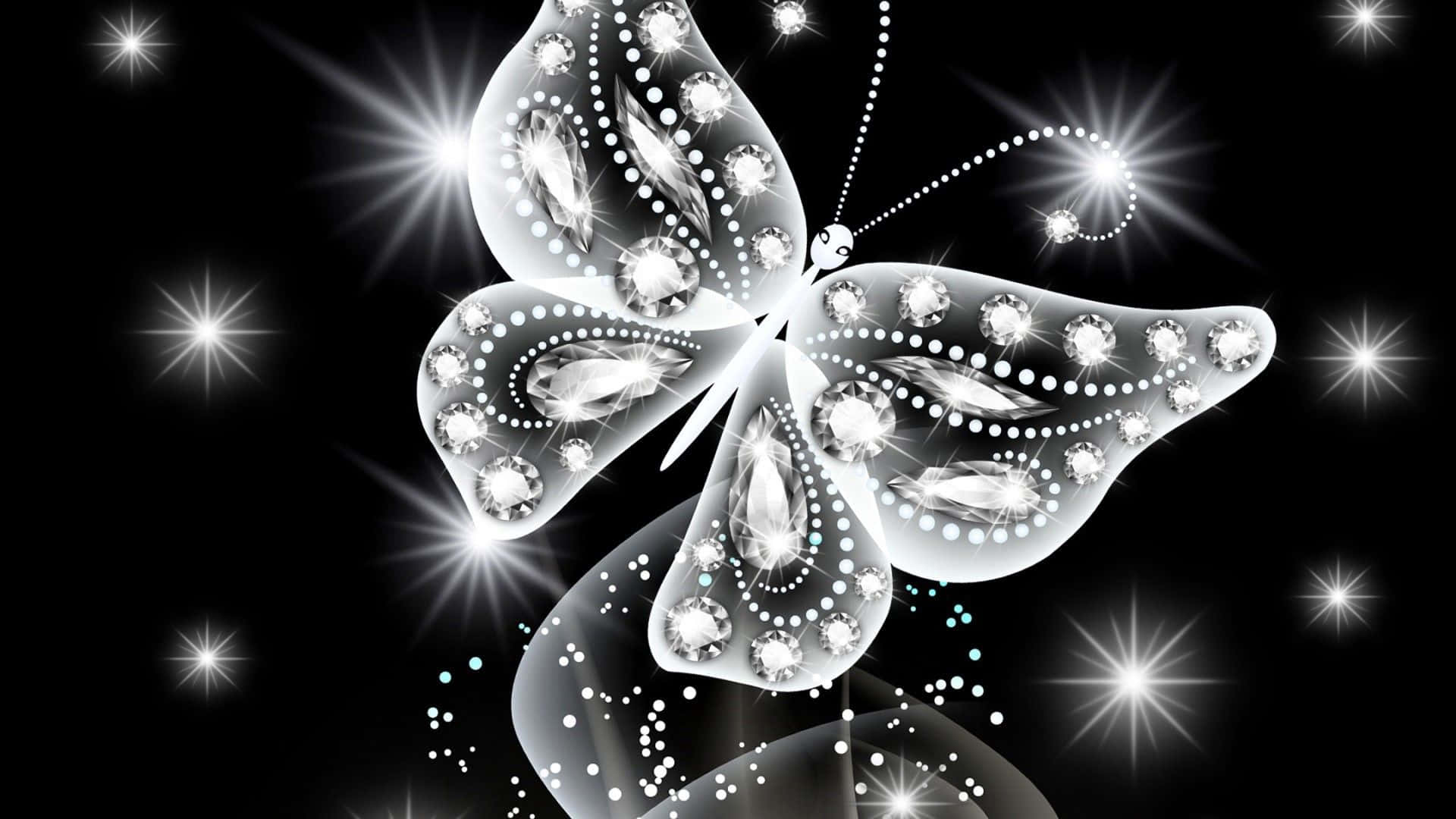 White Butterfly, diamond-encrusted butterfly, starry black background, Full HD Desktop Wallpaper
