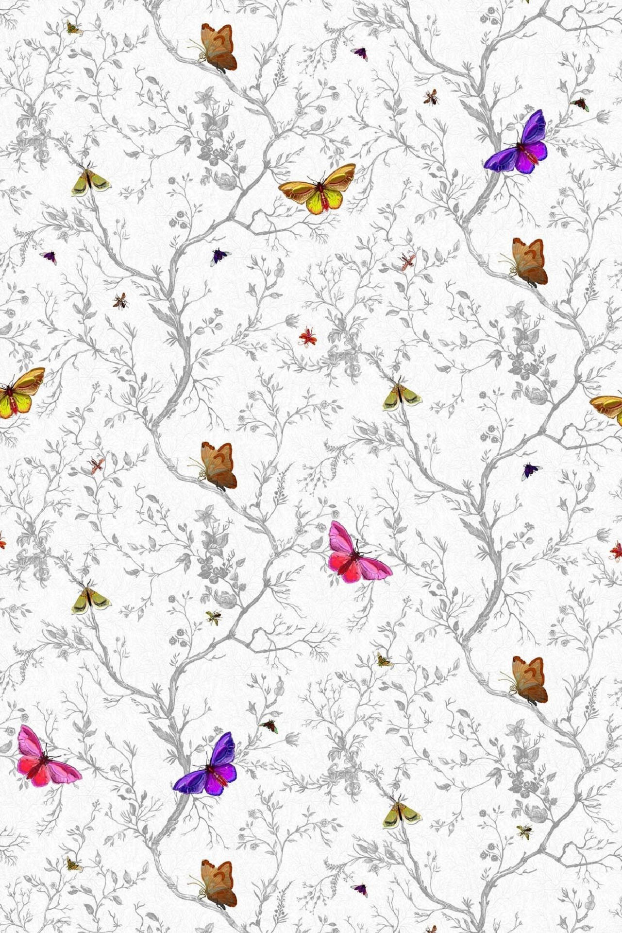 Whimsical Butterflies, white textured background, delicate grey branches, Full HD Phone Wallpaper