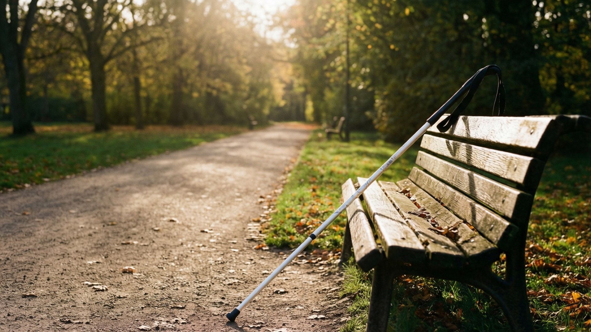 white cane, wooden bench, sunlit autumn path, Full HD Desktop Wallpaper