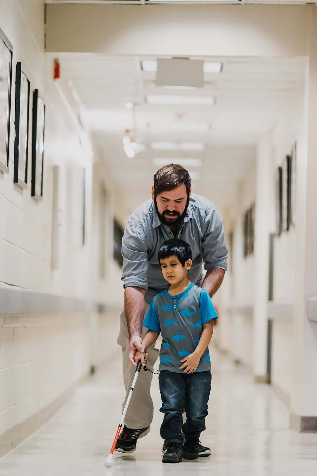white cane, bearded man, young boy, HD Phone Wallpaper