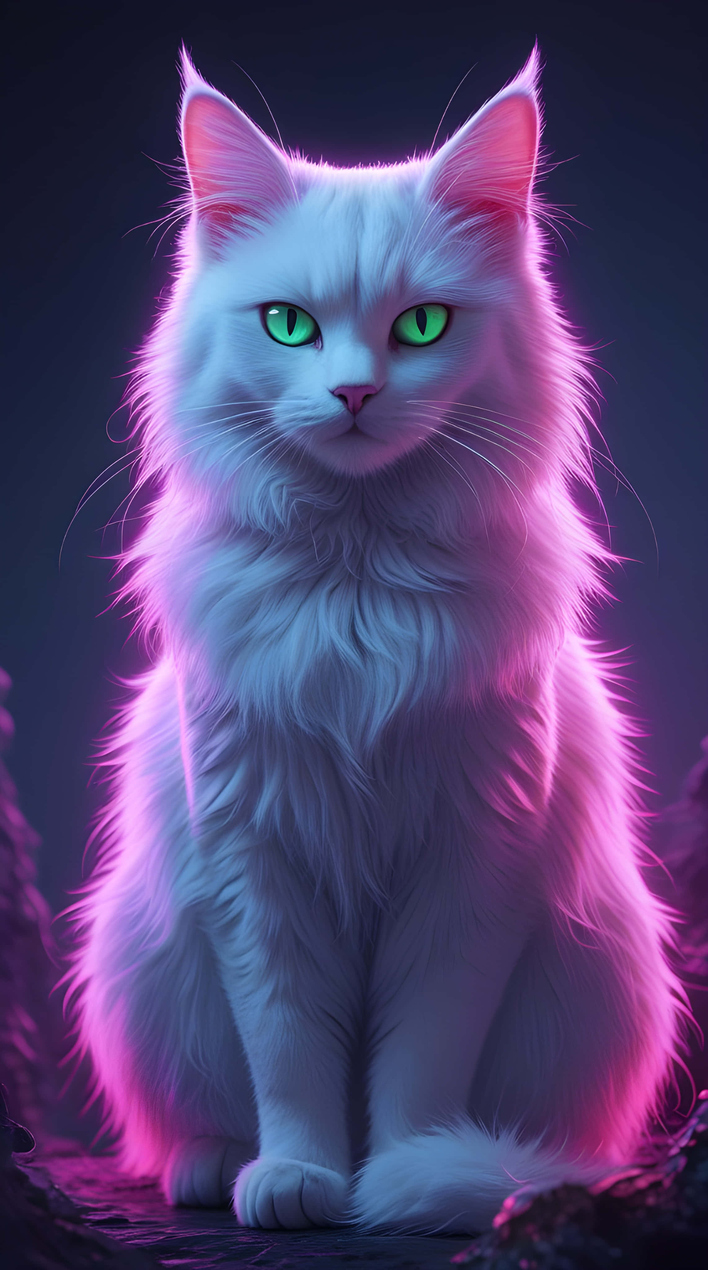 neon lighting, fluffy white cat, glowing green eyes, 4K Phone Wallpaper
