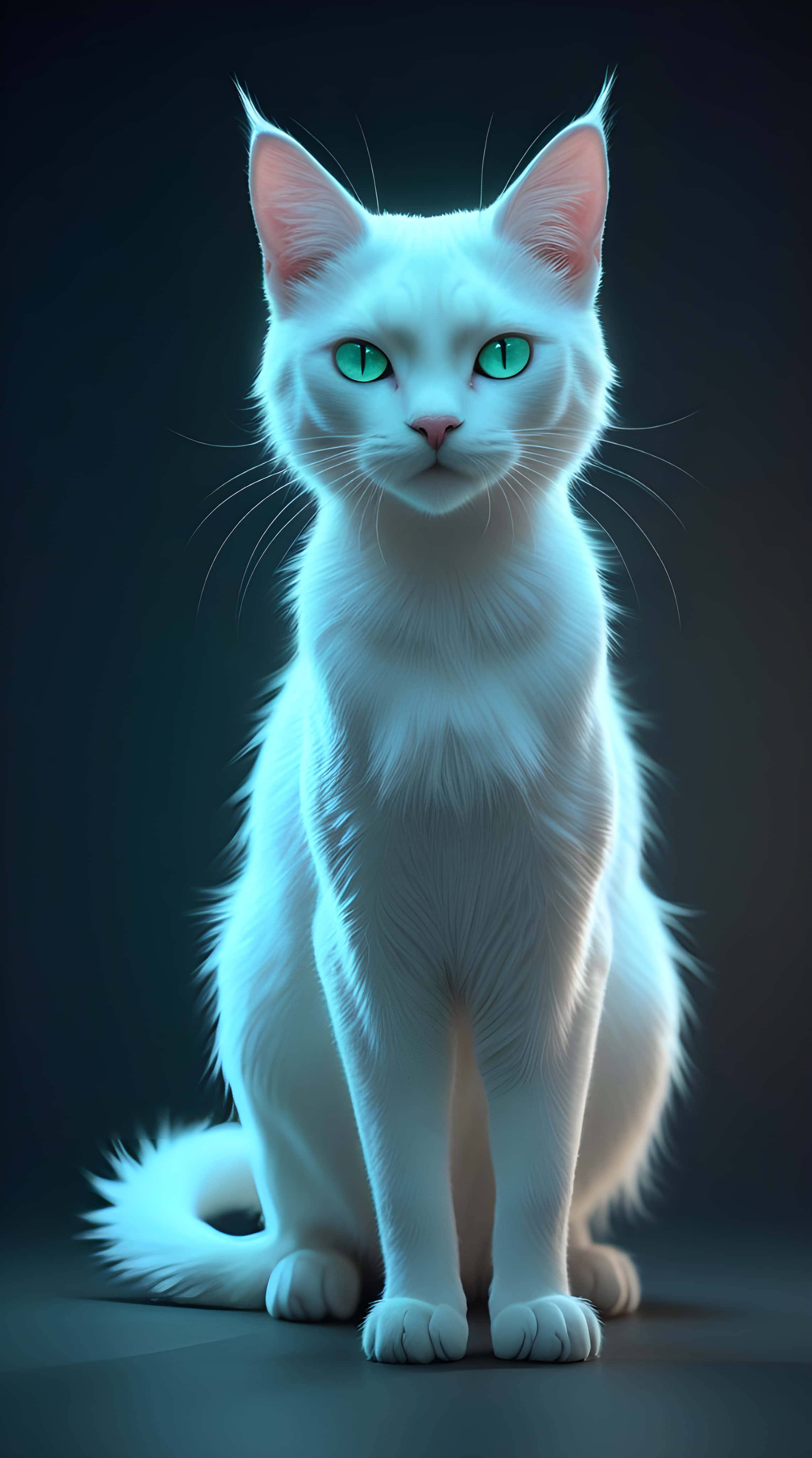 white cat, glowing green eyes, dark teal backdrop, 4K Phone Wallpaper