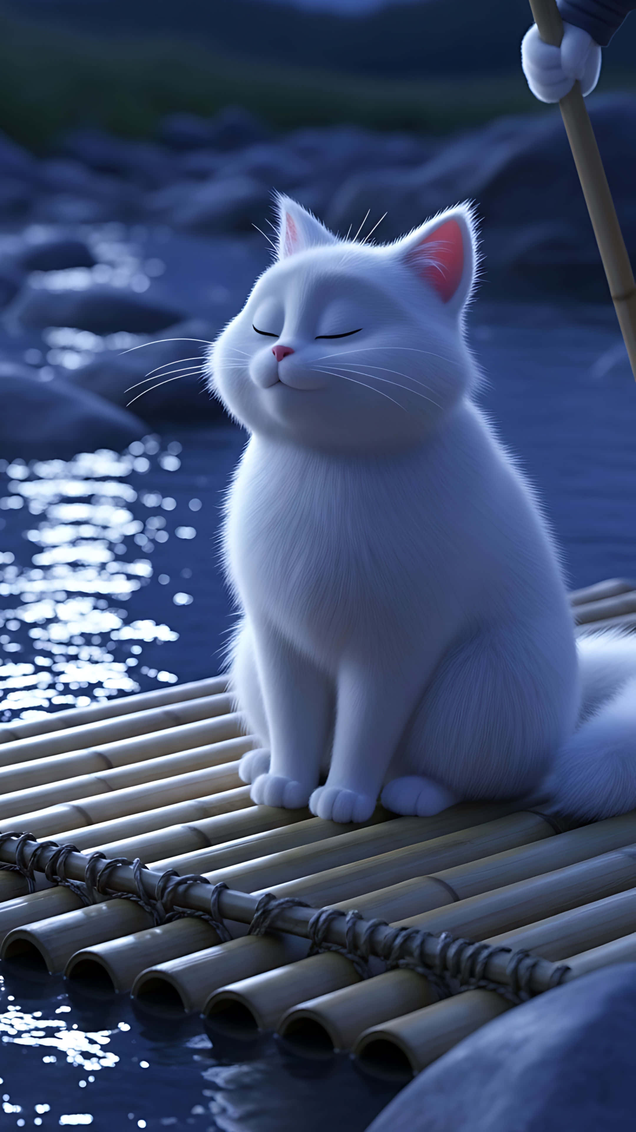 white cat, pink ears, bamboo raft, 4K Phone Wallpaper