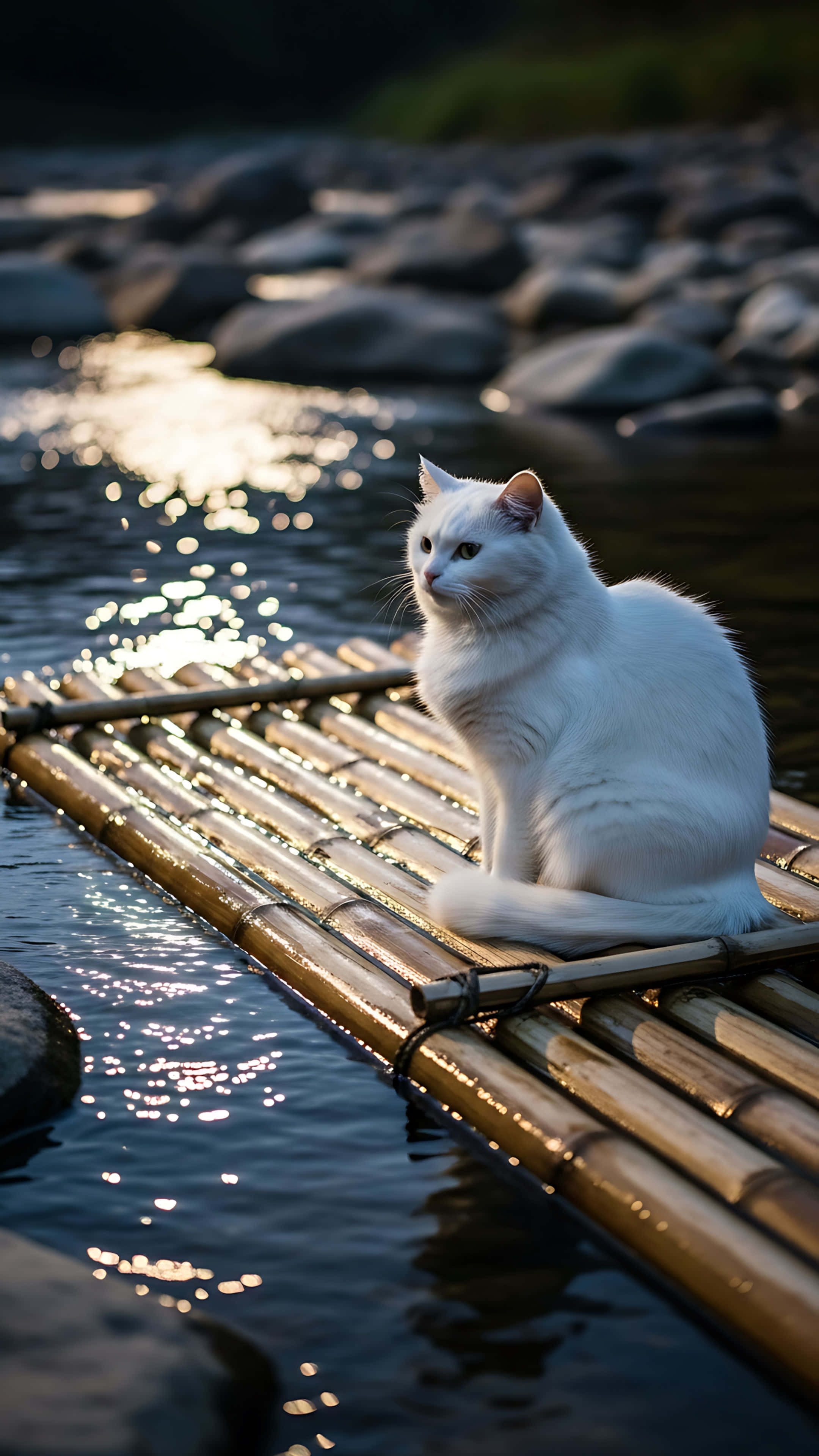 white cat, bamboo raft, sunlit river, 4K Phone Wallpaper