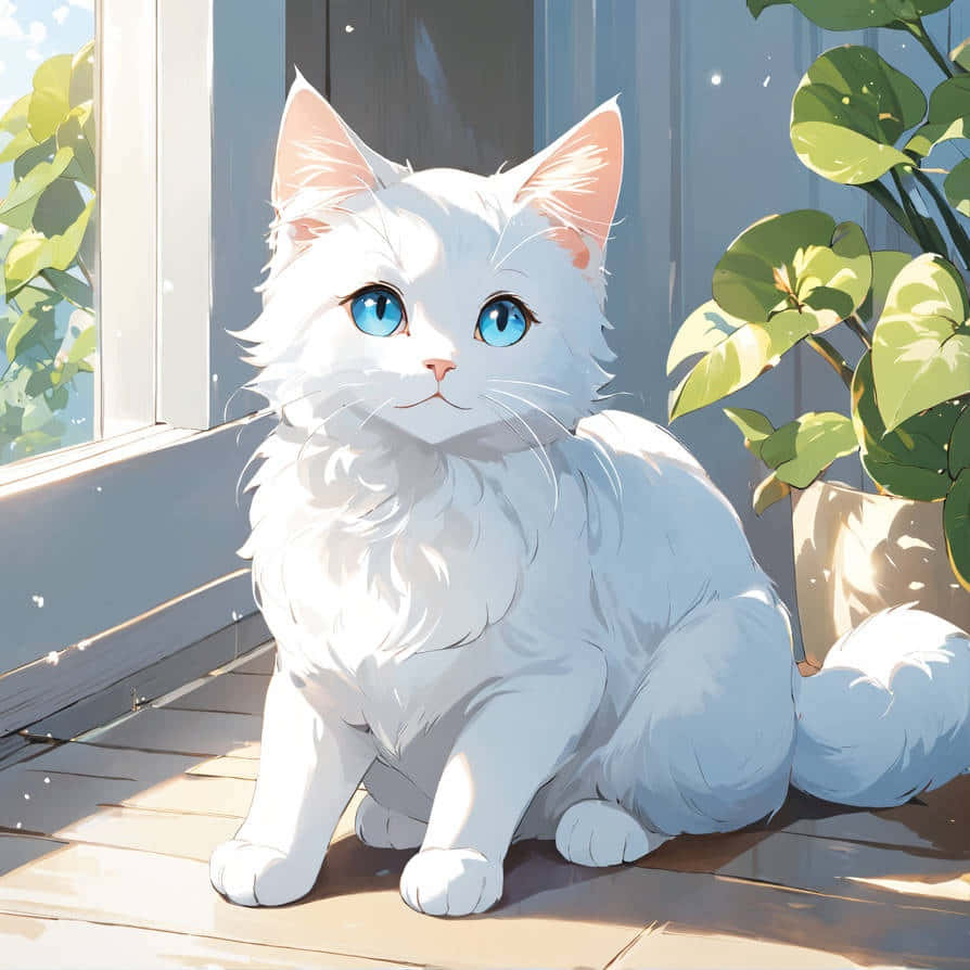 blue eyed white cat, sunlit window, wooden floor, SD Desktop Wallpaper