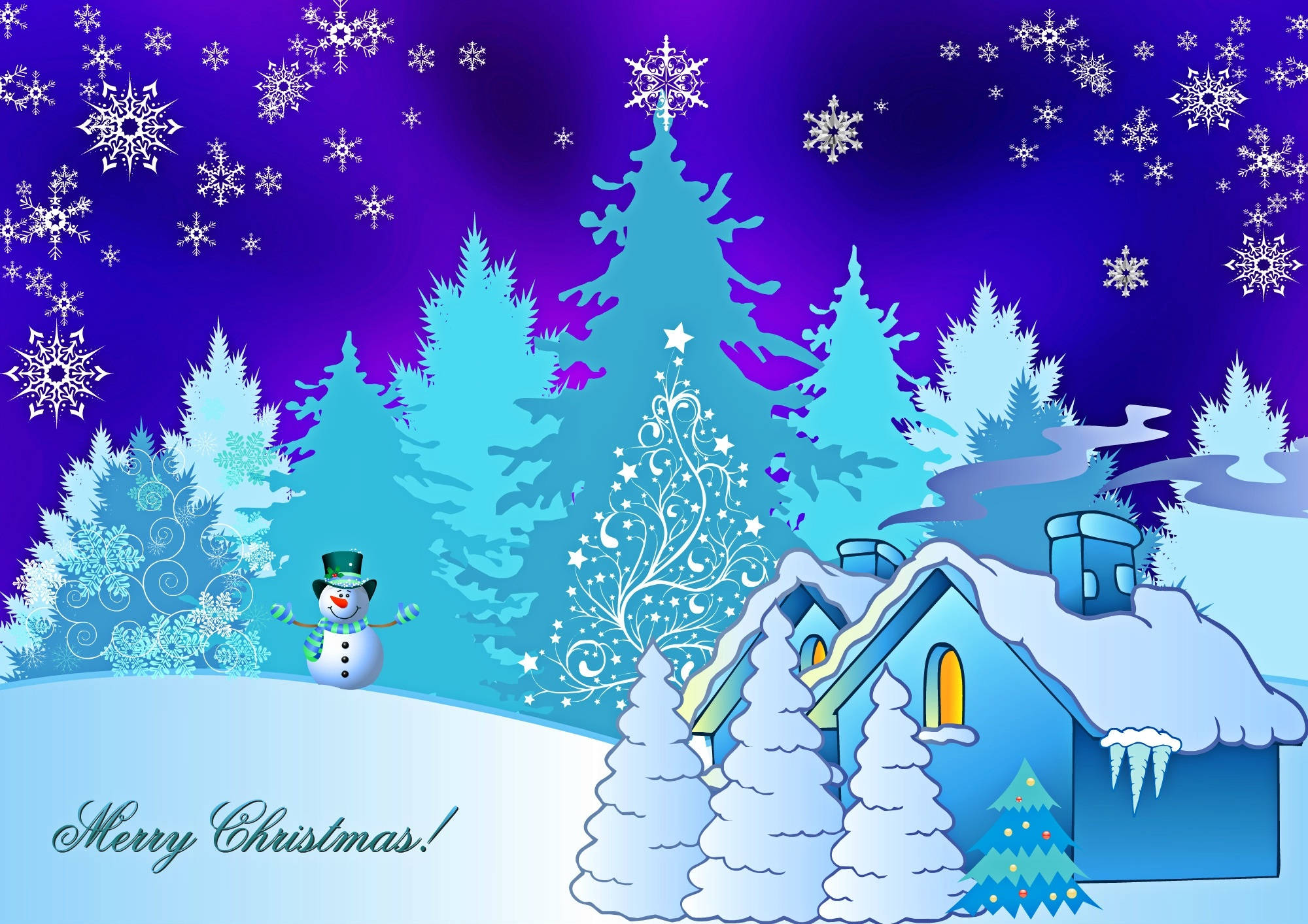 Winter Christmas White Art, snowman, snow-covered house, Full HD Desktop Wallpaper