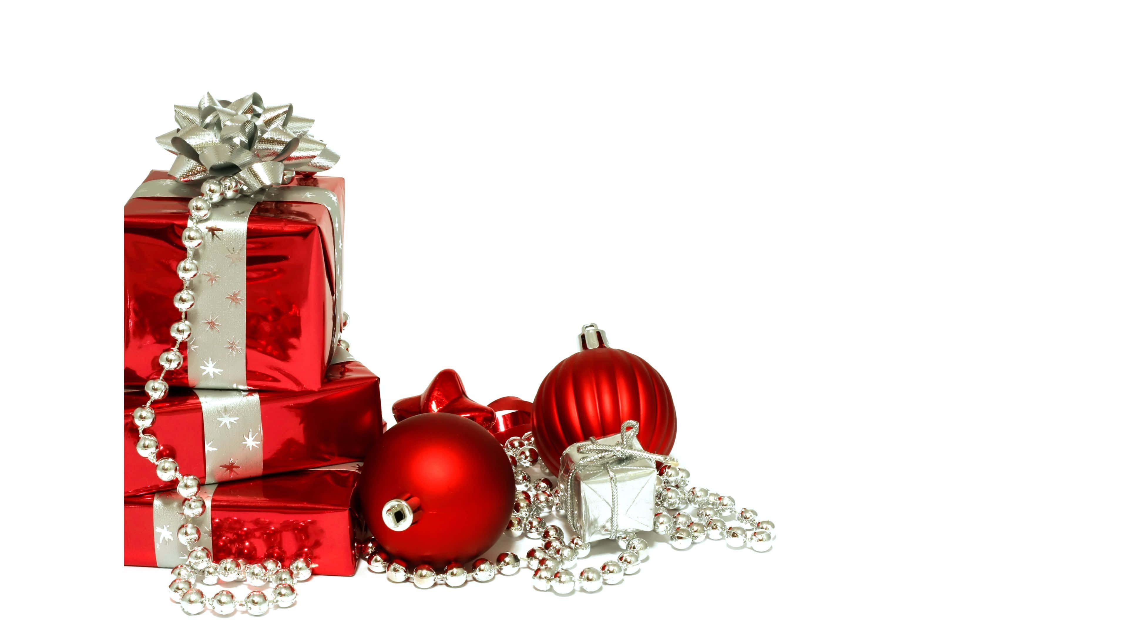 Red Christmas Ornaments, Silver Bows, Pristine White Background, 4K Desktop Wallpaper